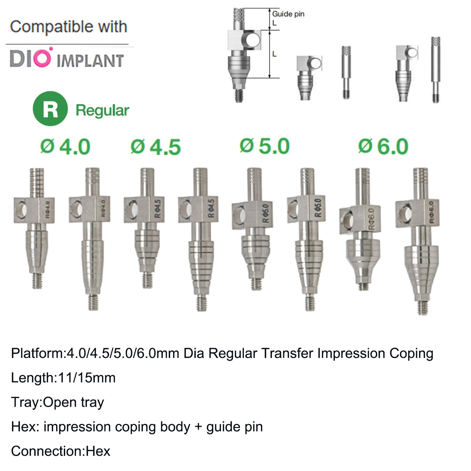 Dental DIO UFII Regular Straight Healing Abutment Impression Coping Zest locator