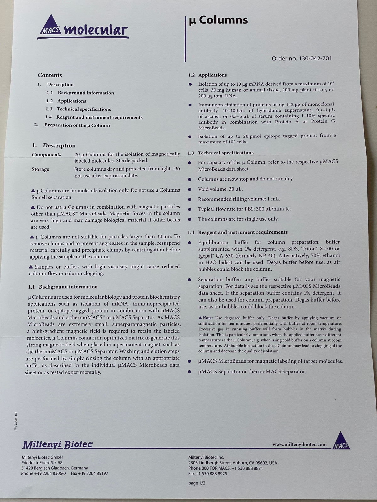 Miltenyi Biotec μMACS mRNA Isolation μColumns (18) + LysateClear Columns (8)