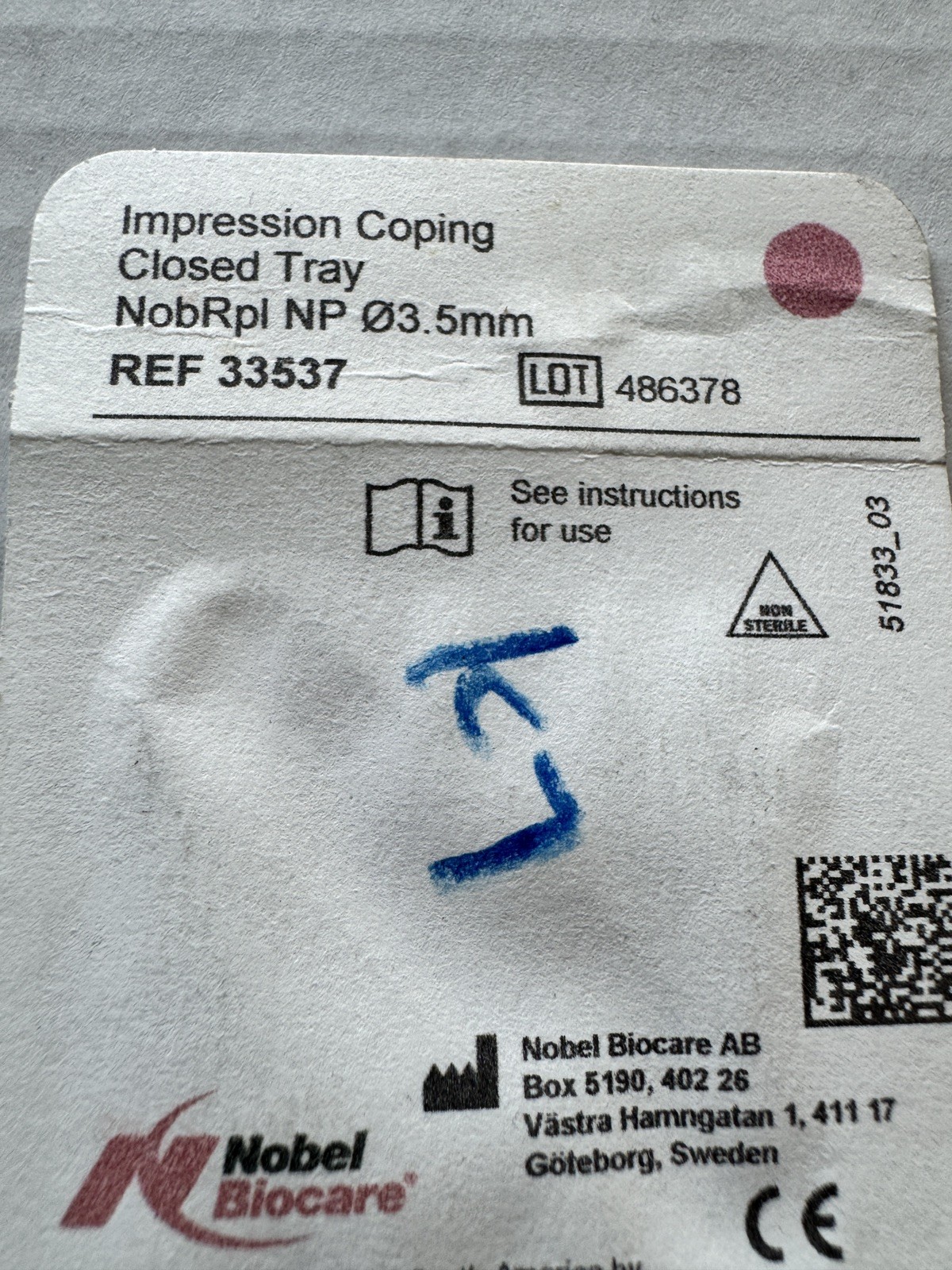 Nobel Biocare NobRpl NP 3.5 mm Closed Tray Impression Coping (REF 33537)