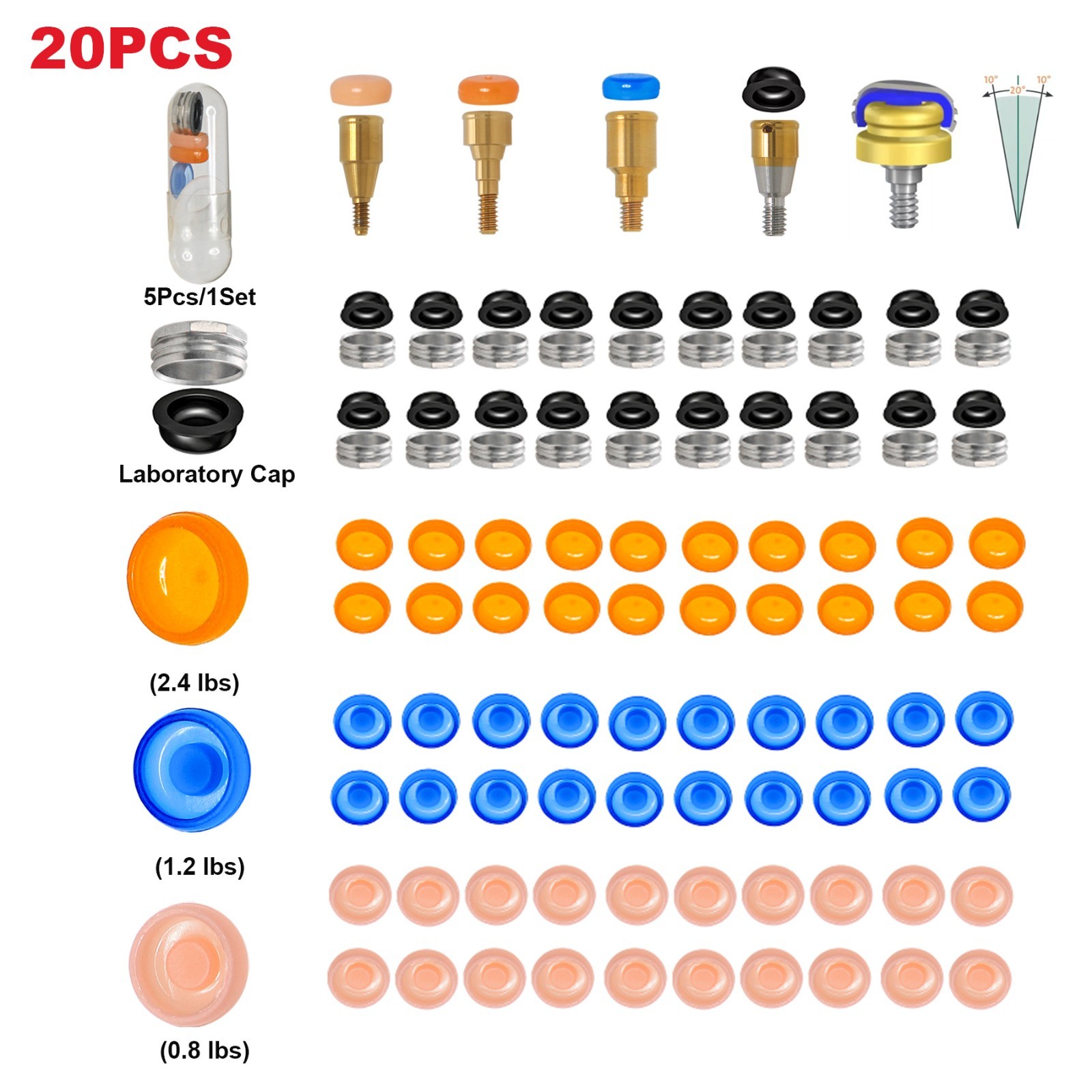 US Dental Locator Overdenture Retention Caps Kit – PEEK Male Inserts & Lab Caps