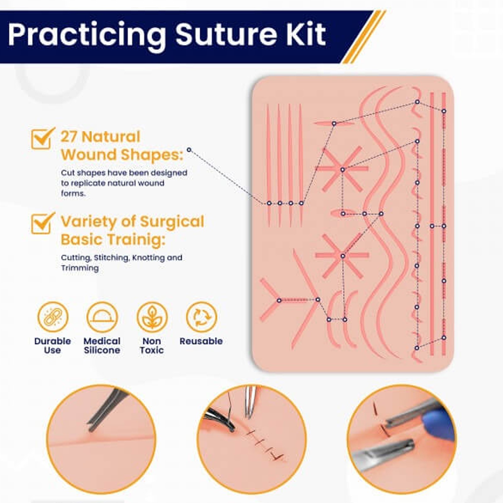 Medical Skin Suture Practice Silicone Pad Wound Simulated Surgical Training Kit