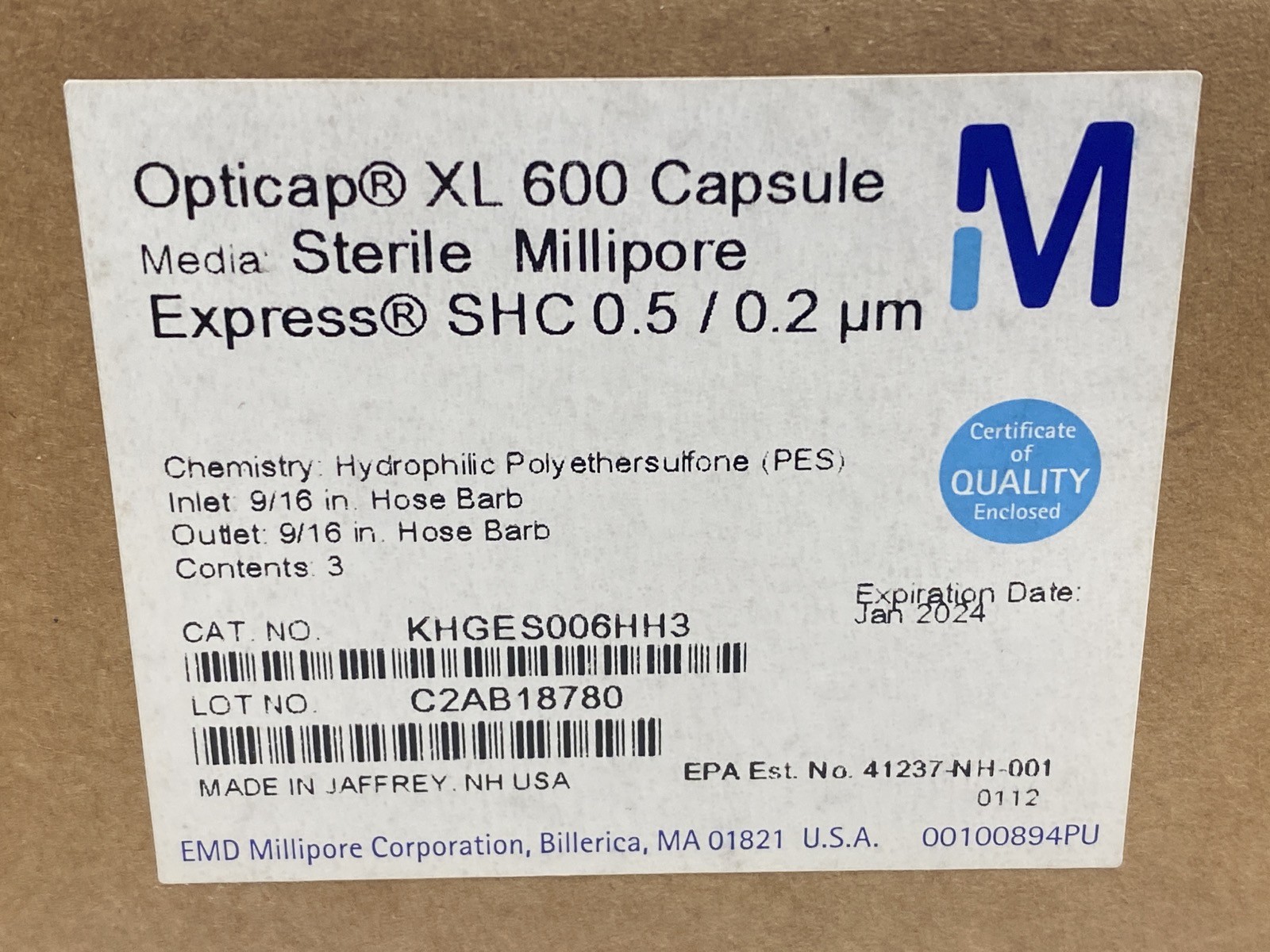 (3/Pk) MILLIPORE Opticap XL 600 Capsule Express SHC 0.5/0.2um 9/16″ KHGES006HH3