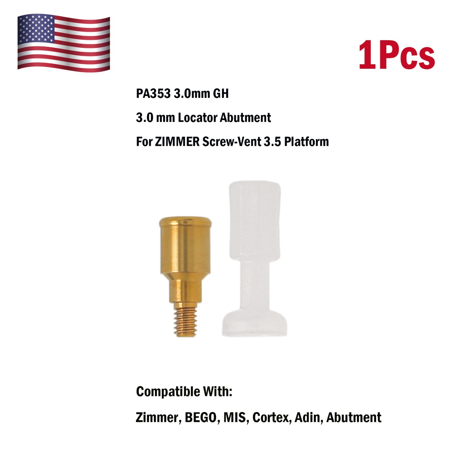 US Zimmer TSV/Mis Screw-Vent 3.0mm GH Ø3.5 Implant Overdenture Locator Abutment