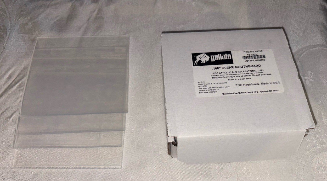 Buffalo Dental .160″ Clear EVA Mouthguard Material, 5″ x 5″, 12 sheets NOB