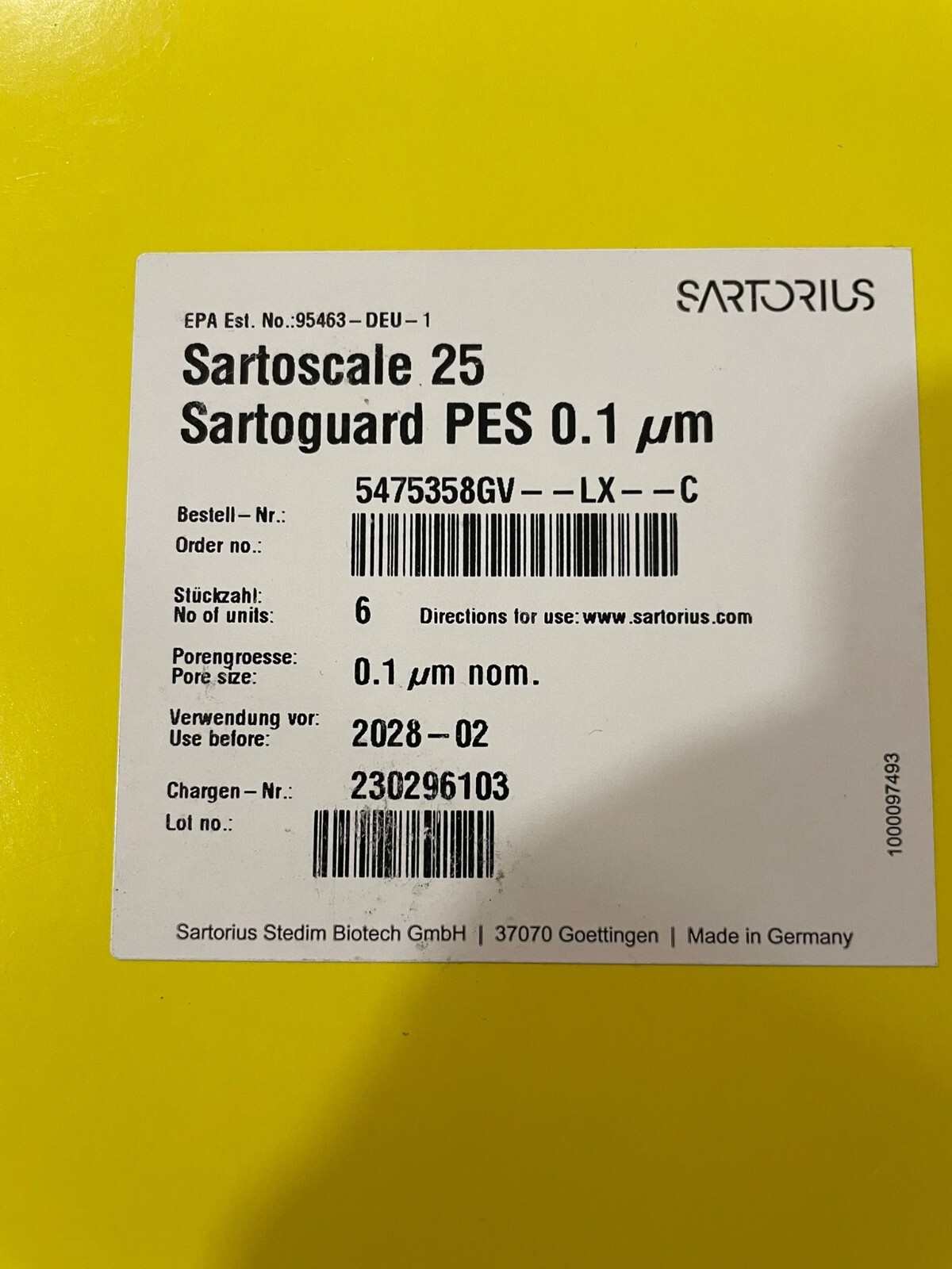 Santorius SartoScale 25 Sartoguard PES 0.1 um 5475358GV–LX–C exp. 2028