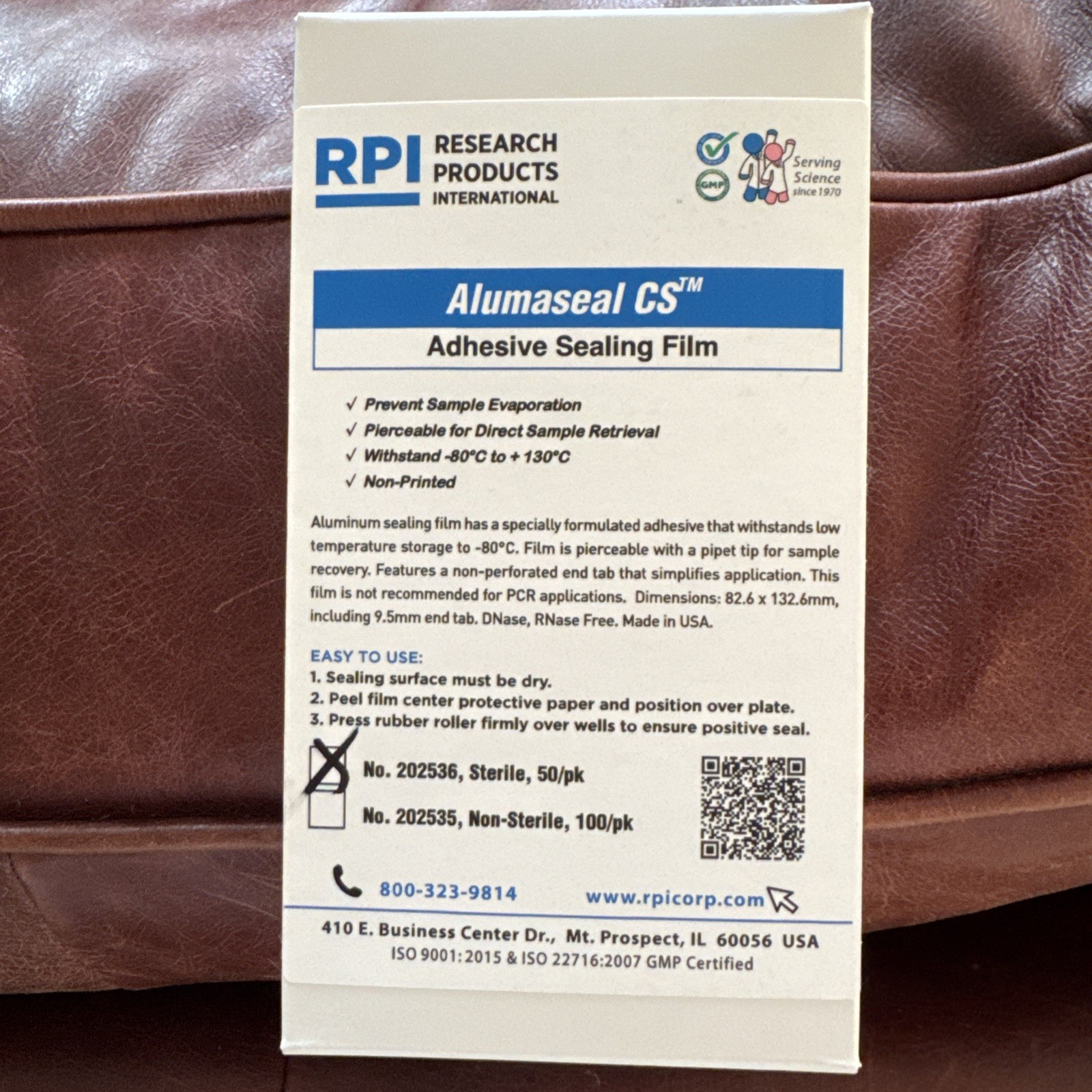 RPI Alumaseal CS Adhesive Sealing Film. No: 202536 Sterile 50pk