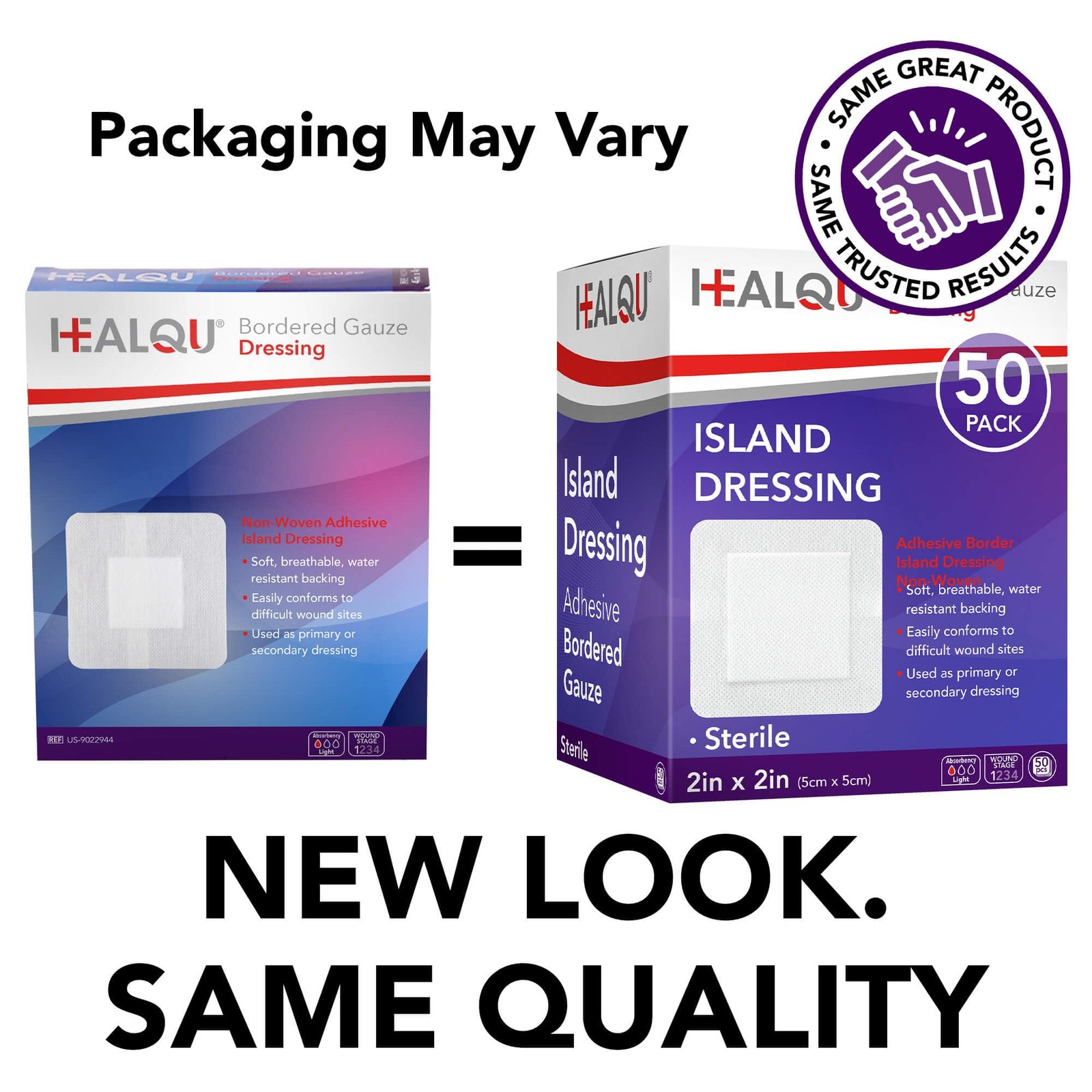 HEALQU Bordered Gauze Island Dressing – 50 2×2″ (1×1″ pad) Box of 50, White
