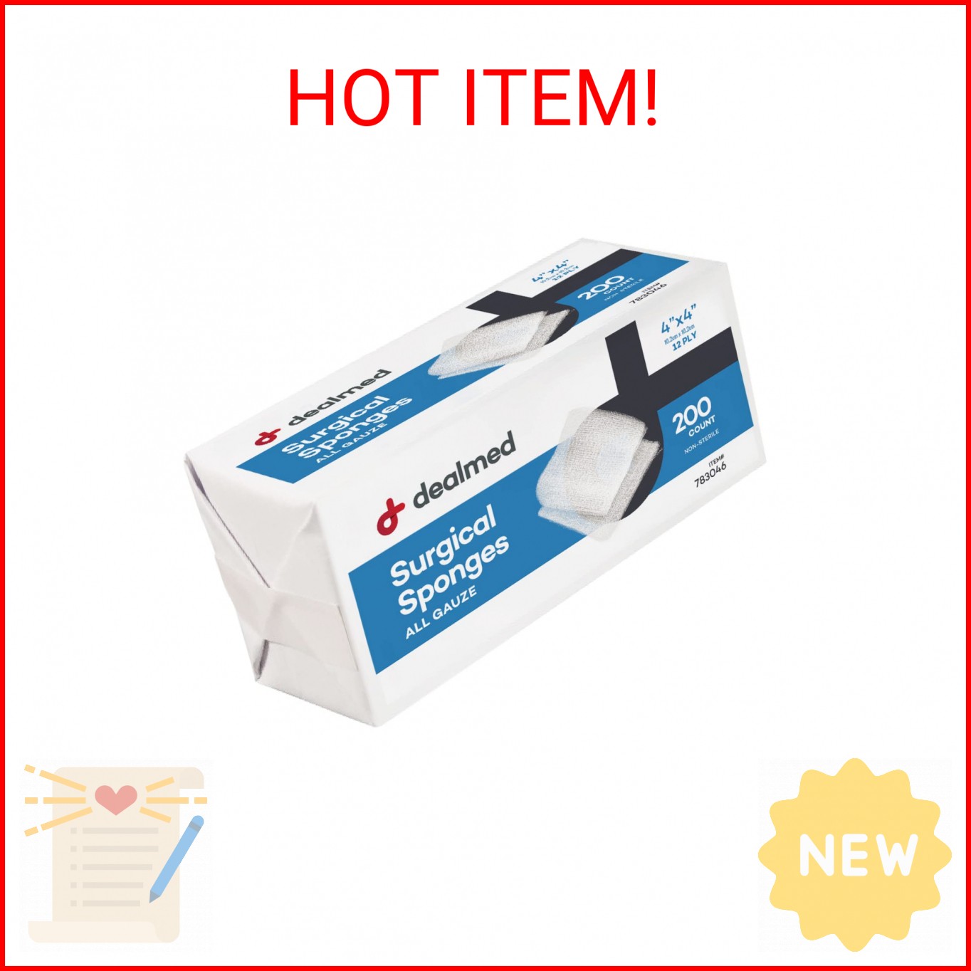 Dealmed 4″ x 4″ Surgical Sponges, 12-Ply, Absorbent Woven Gauze Pads, Non-Steril