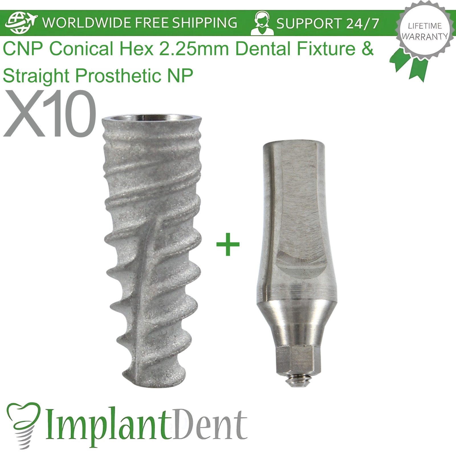 10x CNP Conical Hex 2.25mm Dental Fixture and Straight Prosthetic NP Ø3.5mm