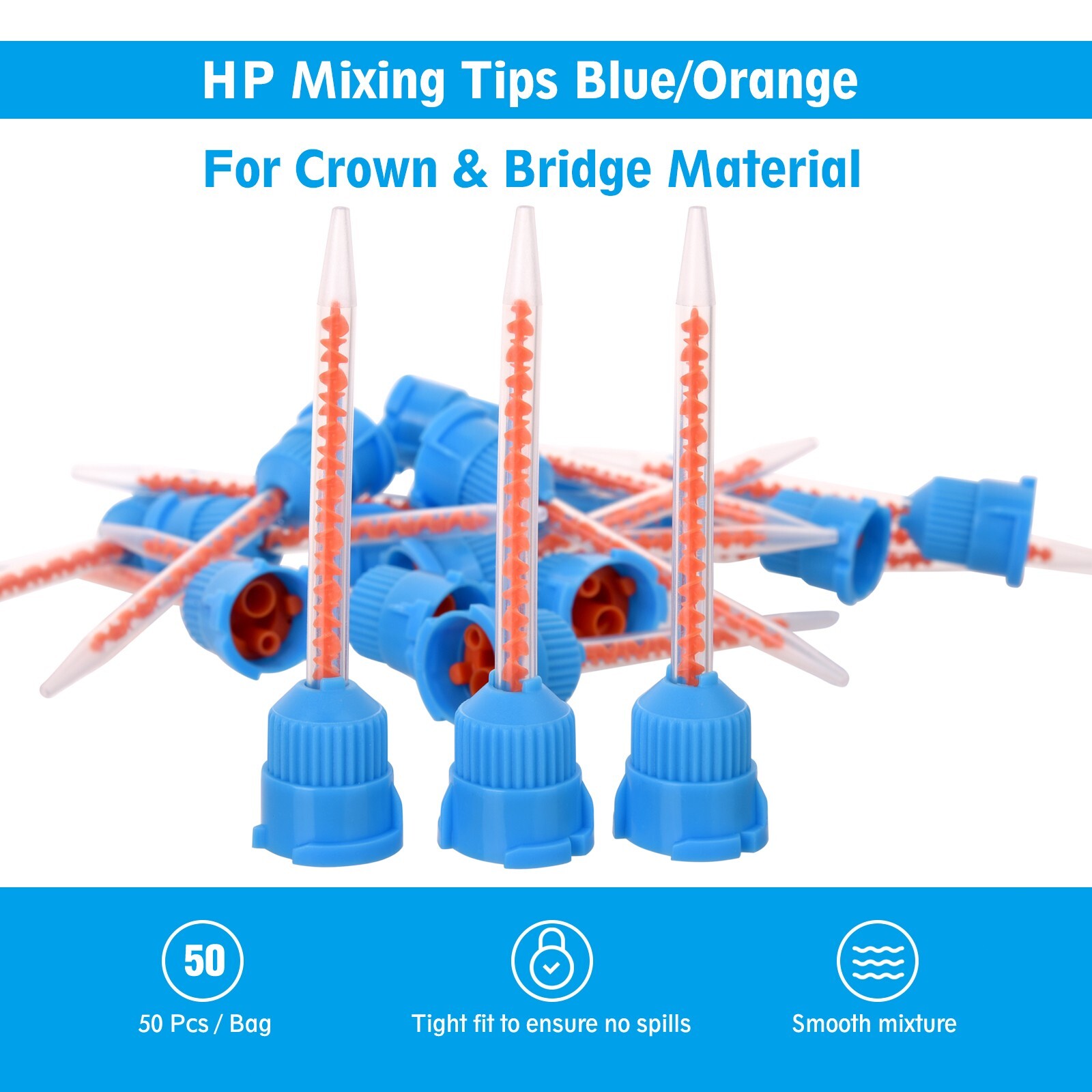 50Pcs Dental Mixing Tips Impression Temp Blue Orange Crowns Material (10:1)