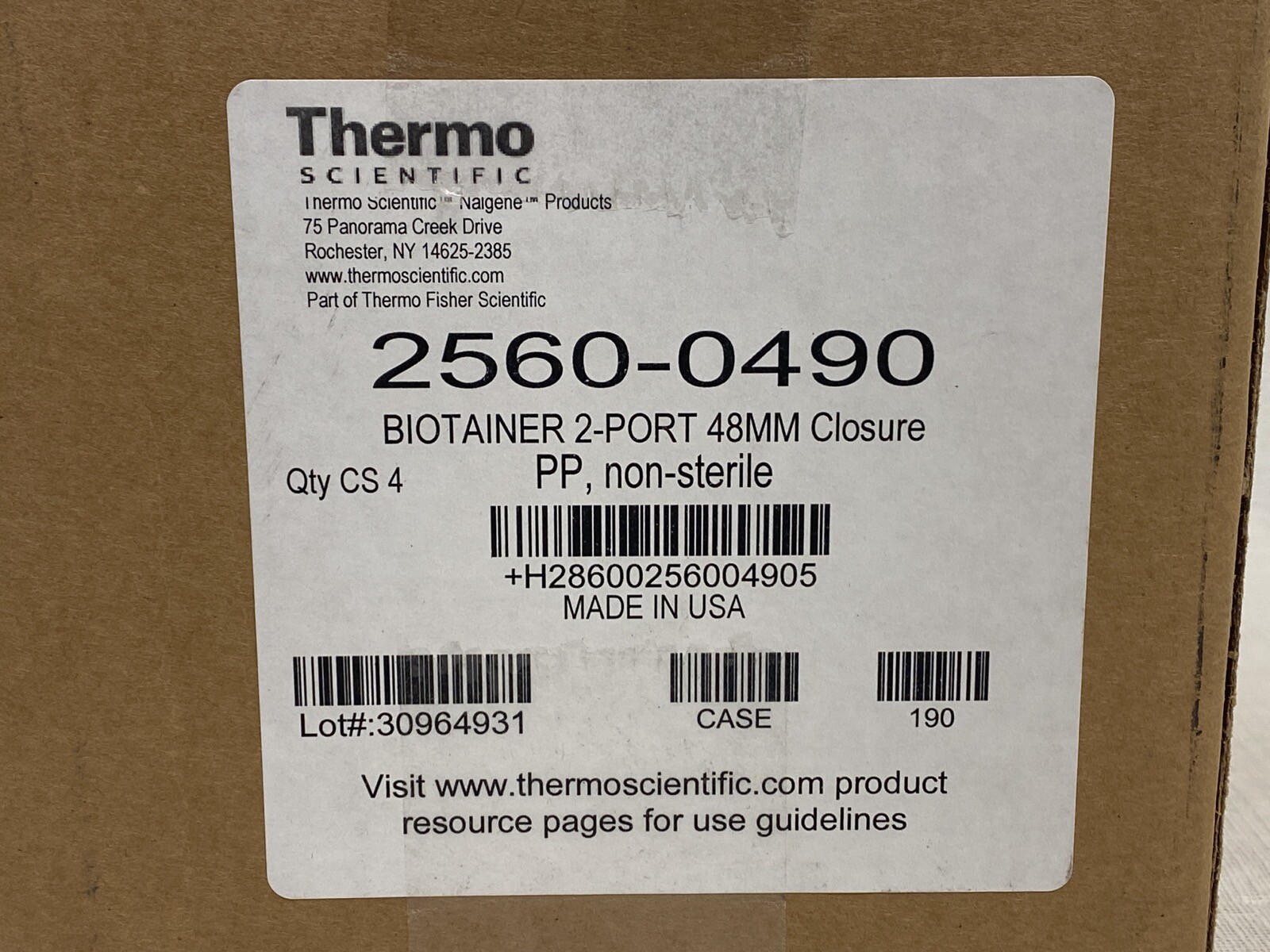 (4/Cs) THERMO Nalgene PP 48mm 2-Port Screw Cap Closure for Biotainer Carboy 2560