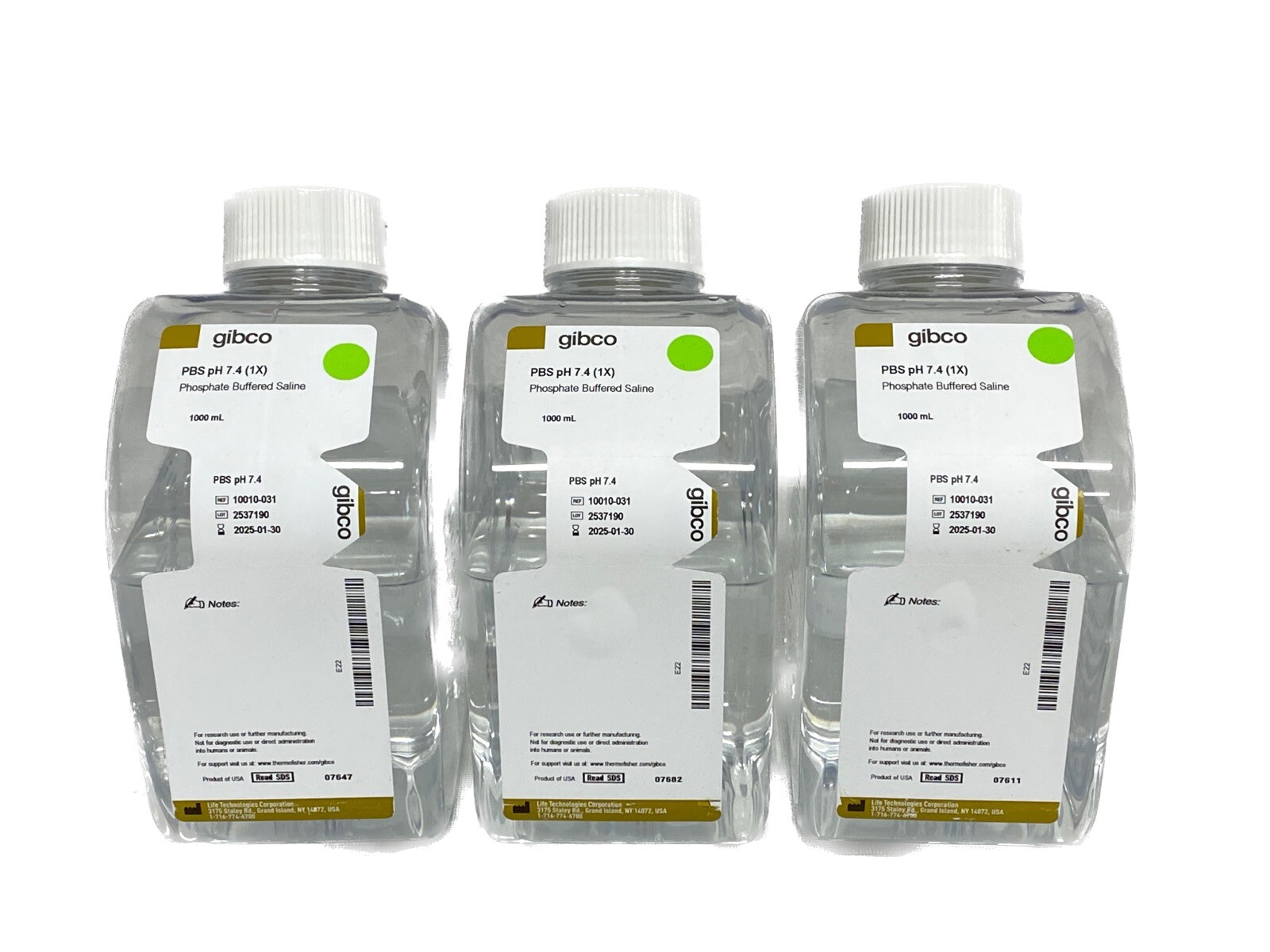 (3) GIBCO 1000mL PBS Phosphate Buffered Saline Solution pH 7.4 (1X) 10010-031