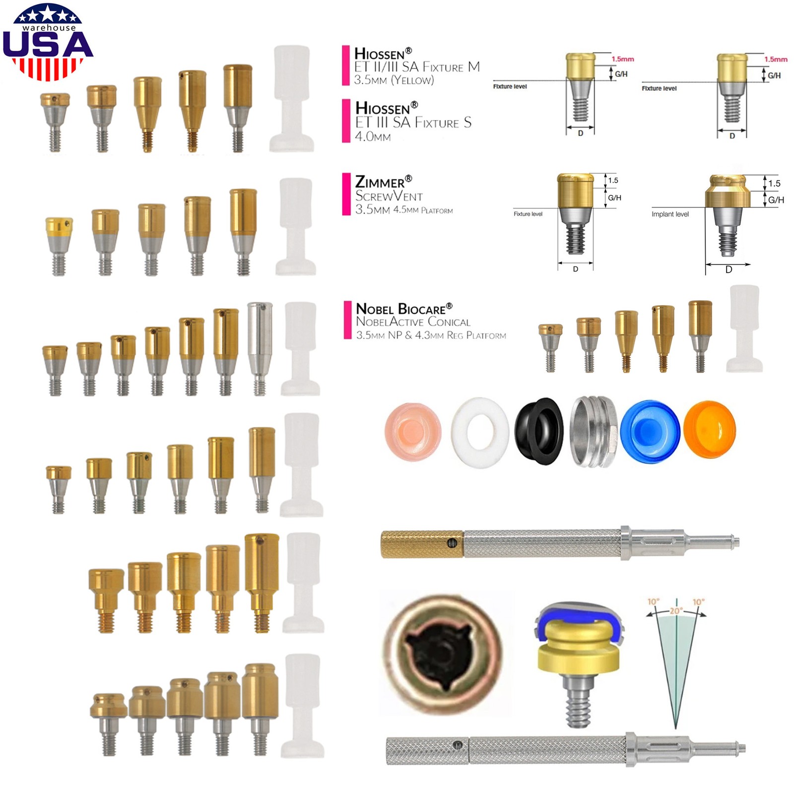 US Overdenture Fit Zest Locator Ti Abutment Retention Caps Hiossen Nobel Zimmer