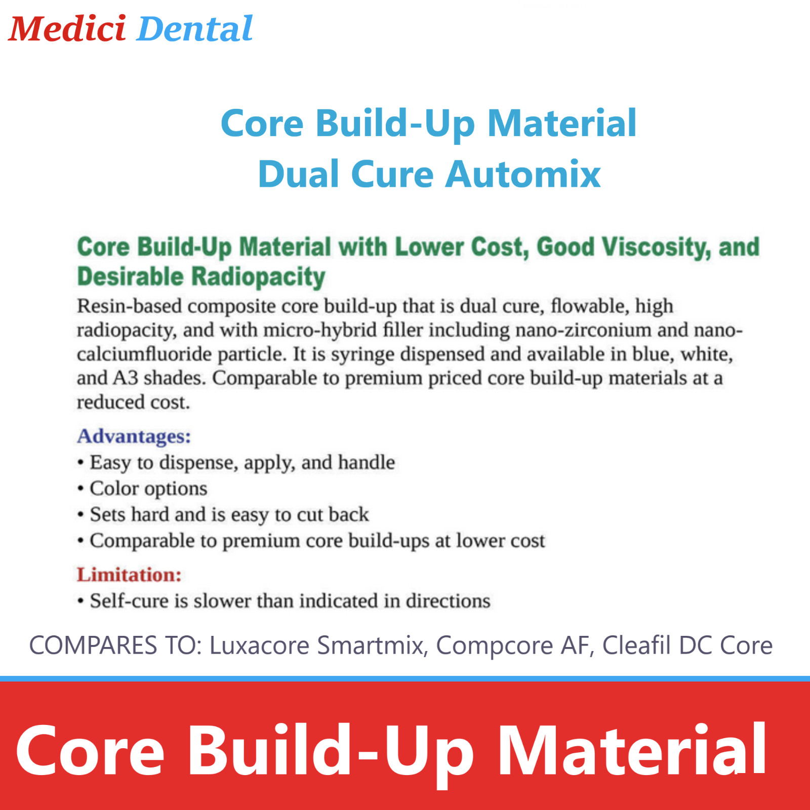 Dental Core Build-Up Material Dual Cure Automix Syr 1-2/pk Shade: A3, White Blue