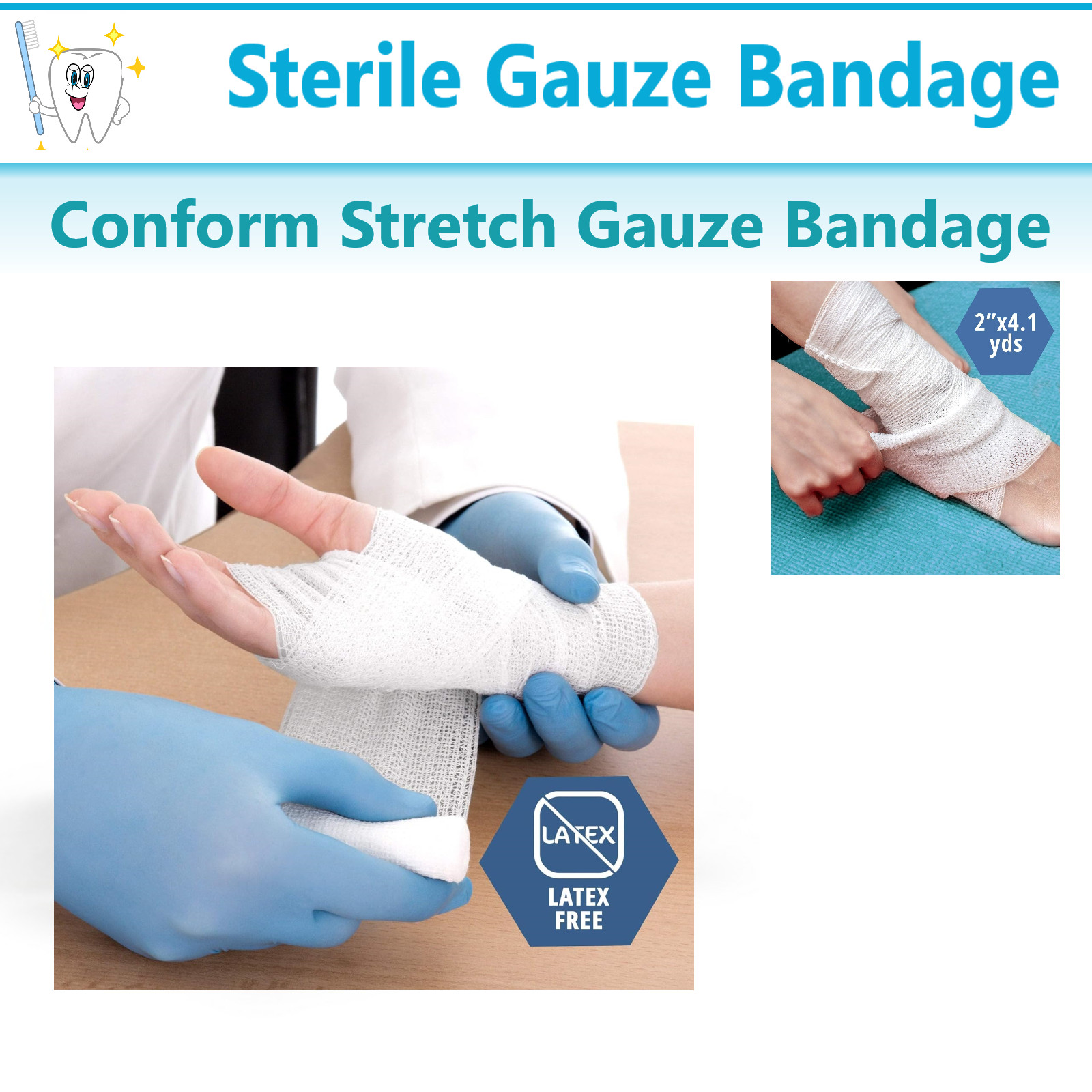Sterile Conforming Stretch Gauze Bandages 6” x 4.1 Yards, 6 Rolls, Latex Free