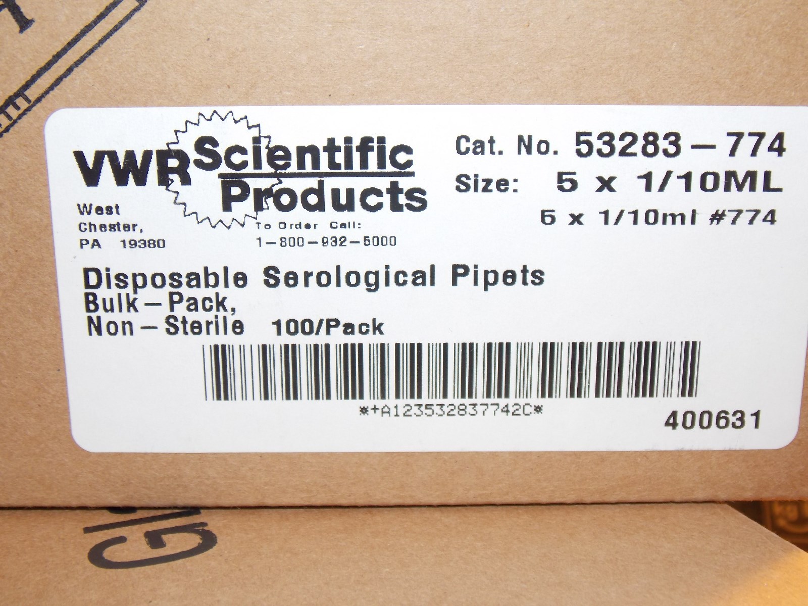 PYREX VWR DISPOSABLE GLASS SEROLOGICAL PIPETS 10 X 1/10ML, 53283-774, 25 PACK