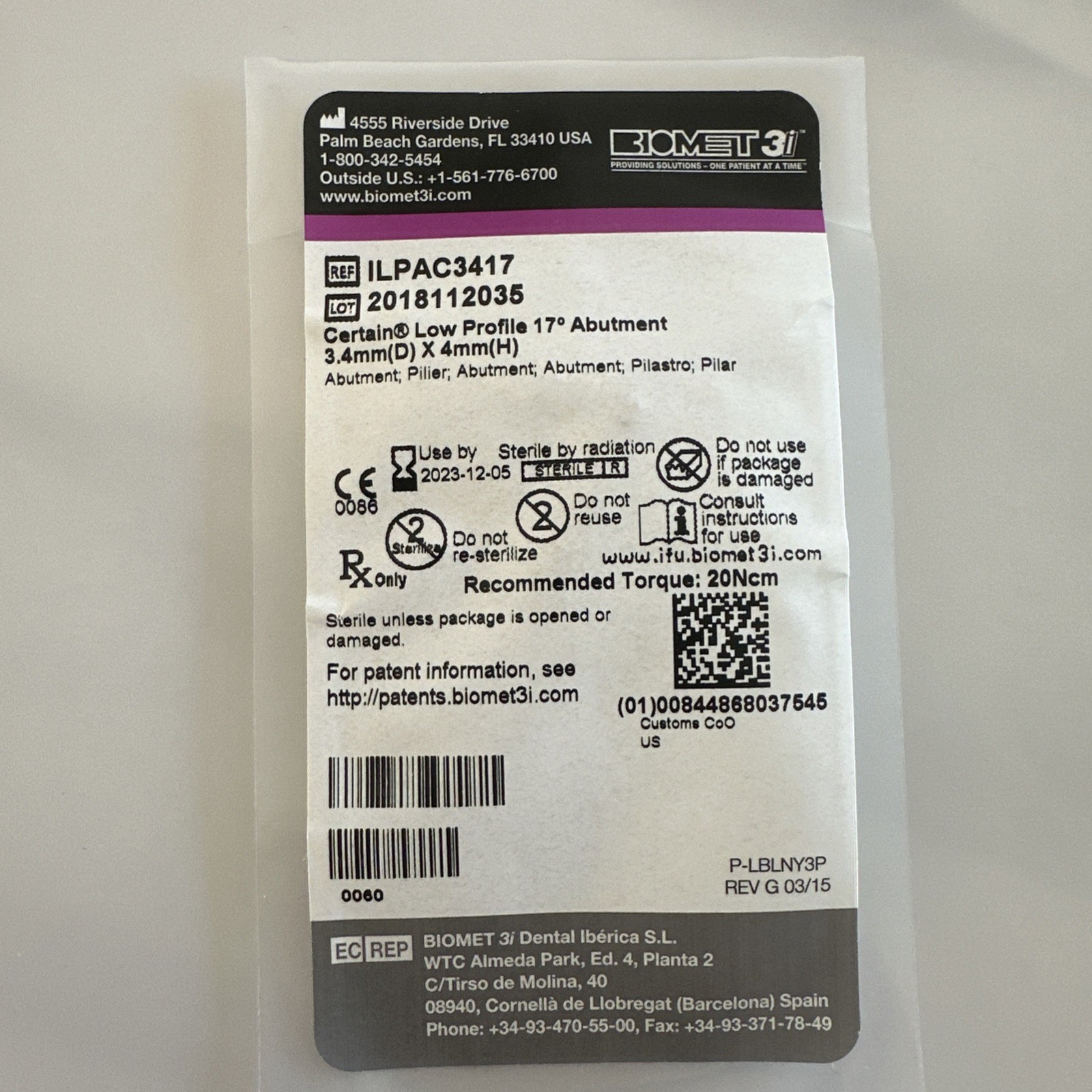 BioMET 3i Certain Low Profile 17° Abutment 3.4mm(D) X 4mm(H)
