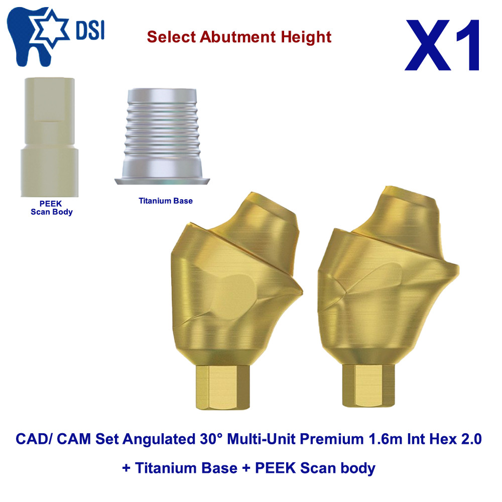 CAD/CAM Set Angulated 30° Multi Unit Abutment Int Hex 2.0 PEEK Scan Body Ti Base