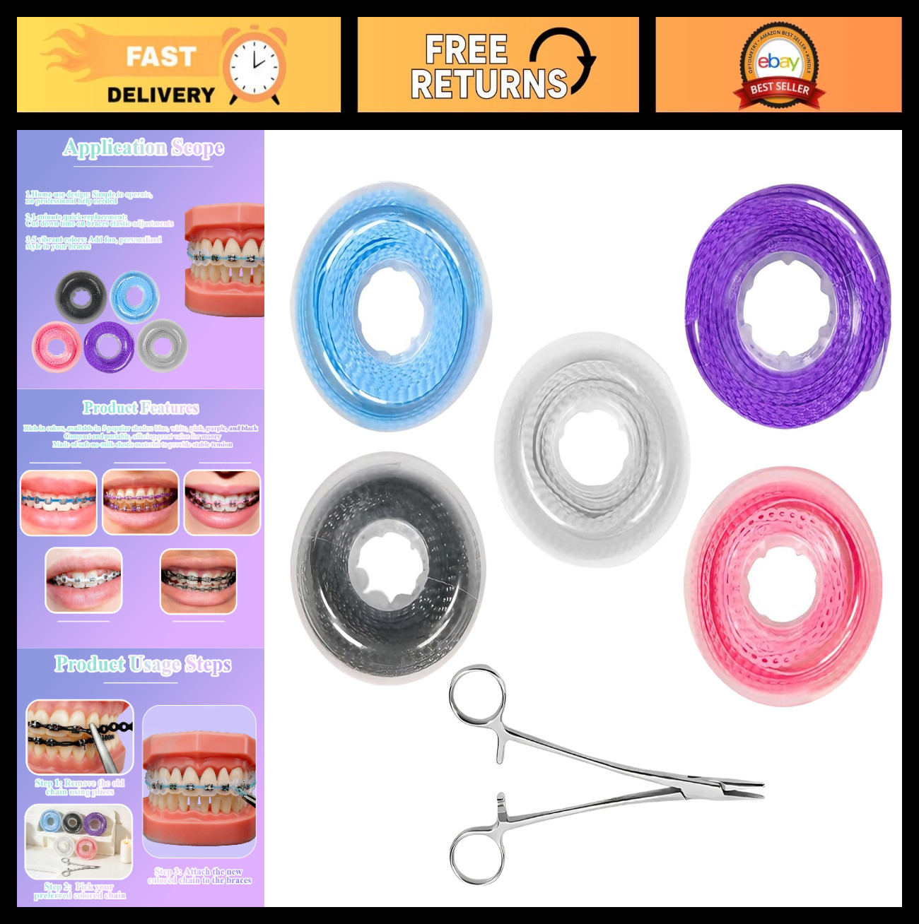 Color Changing Dental Braces Kit with Orthodontic Plier & 5 Power Chains – DIY A