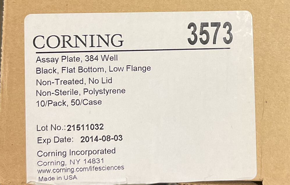 1 BOX OF 10 CORNING 3572 384 WELL FLAT BOTTOM ASSAY PLATES