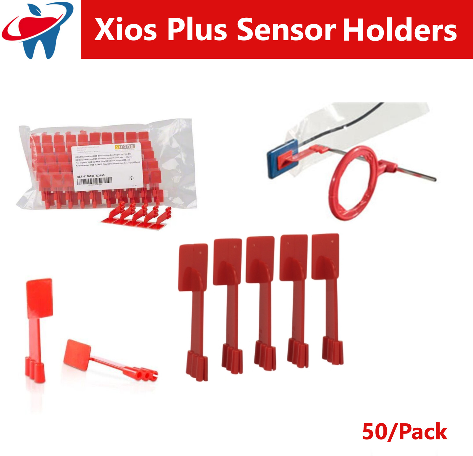 Sirona XIOS PLUS BiteWing Intraoral X-Ray Dental Sensor Holder Tabs, Red 50/Bx
