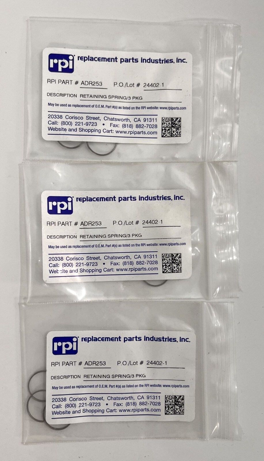 RPI ADR253 Retaining Springs – 9 Total (3 Springs per Pack)