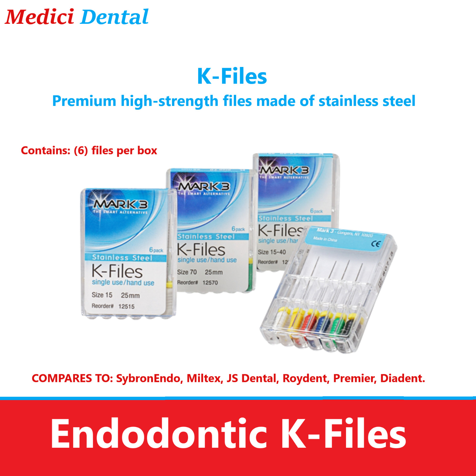 Dental Endo Root Canal File K-files 25mm 21mm 31mm #15/40 & #45/80 Made in USA