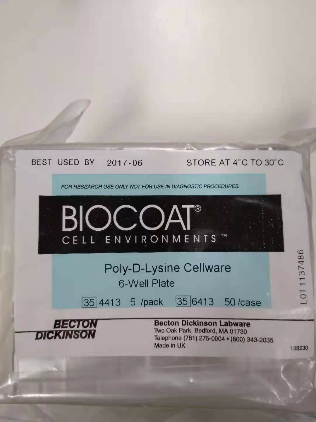 Becton Dickinson BIOCOAT 354413 Poly-D-Lysine Cellware 6 Well W/ LID 5/PK