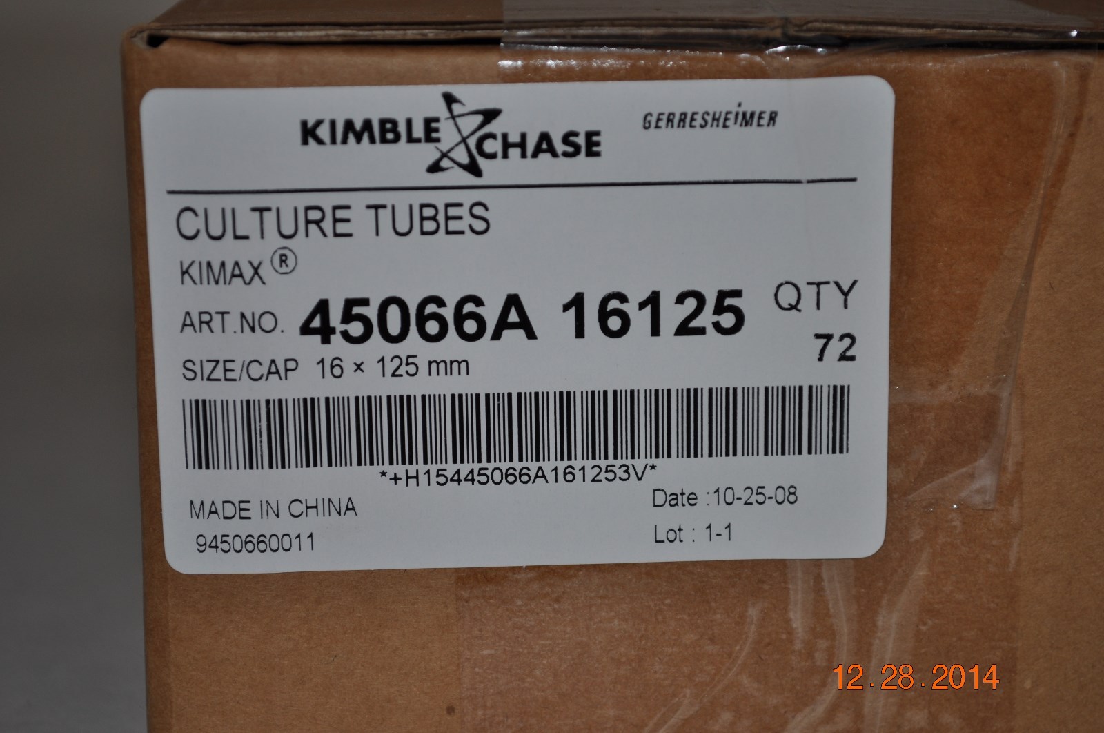 Kimble Chase Culture Tubes ART# 45066A16125 16x125mm 72pcs