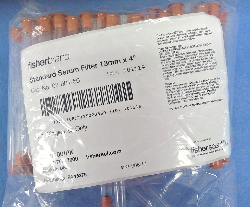 Fisher Scientific Standard Serum Filters 13mm x 4″, #02-681-50, Pack of 100