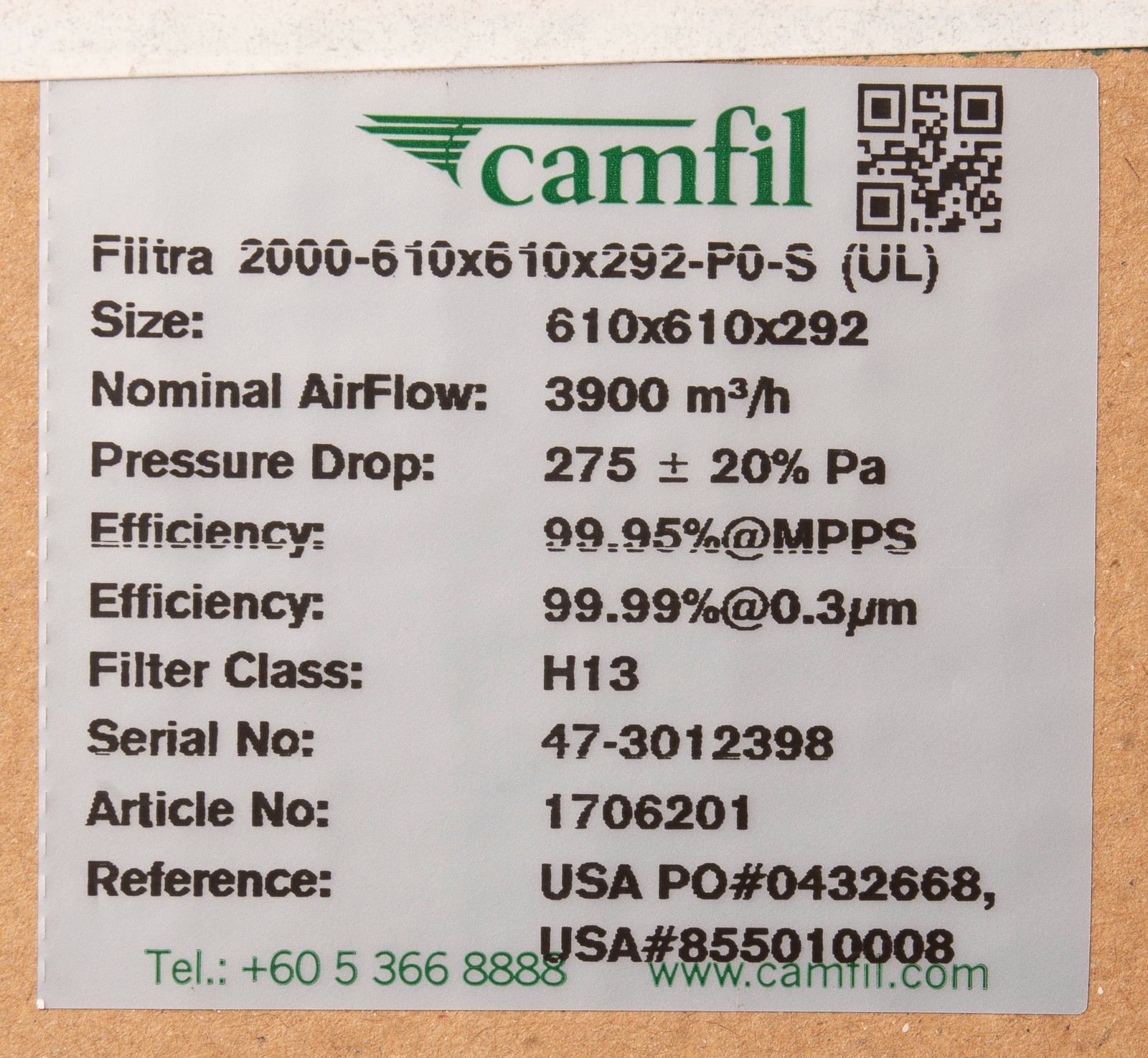 Camfil Filtra 2000 H13 HEPA Filter 1706201 610 x 610 x 292 New
