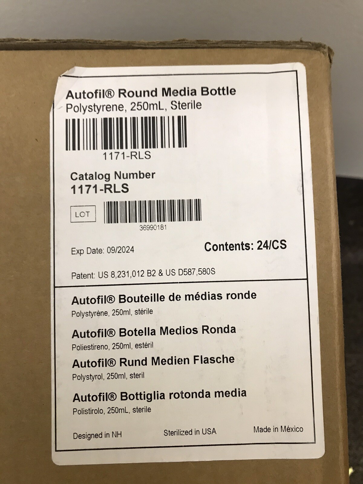 1 PC Autofil Round Media Bottle-Sterile 250mL 1171-RLS , Expiration 9/2024