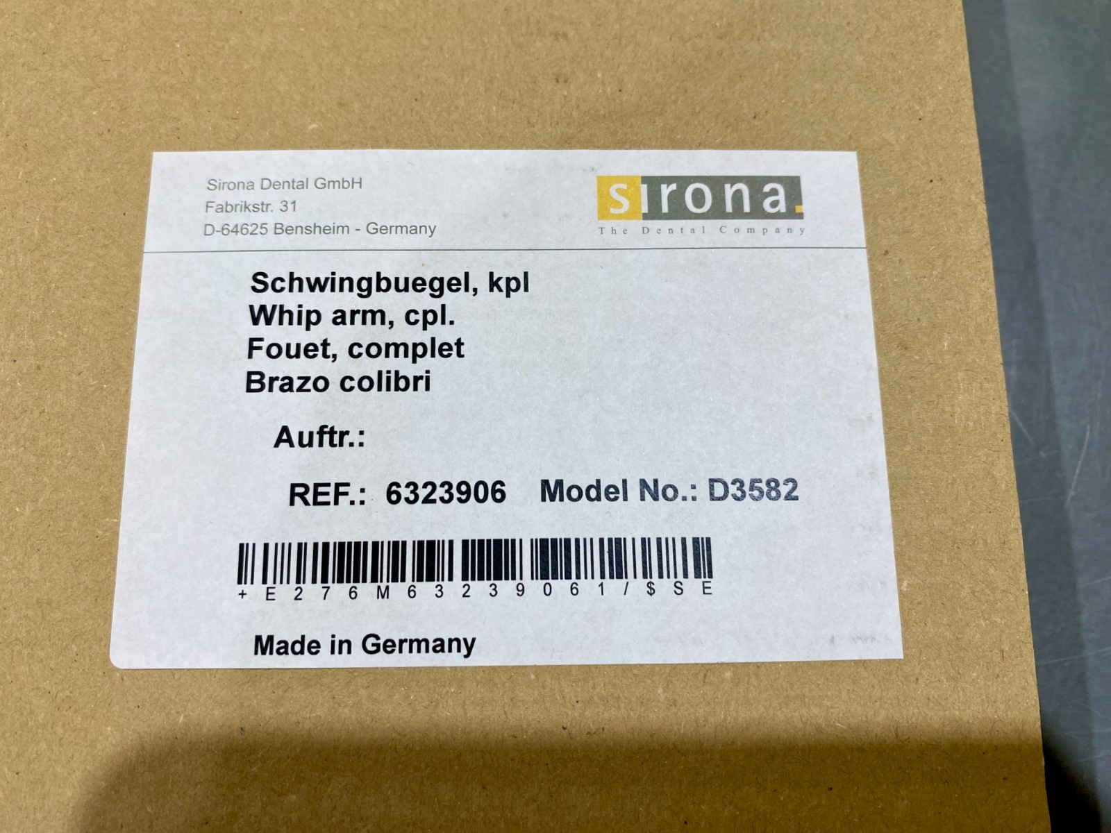Sirona Whip Arm, cpl REF 6323906 Model No D3582