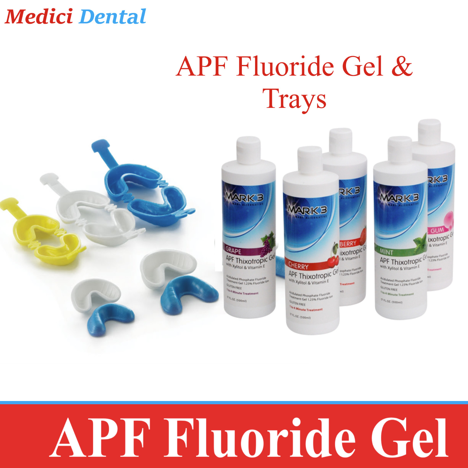 Dental APF Fluoride Gel 17 Fluoride Trays Dual Arch, Single Arch S, M, L – USA