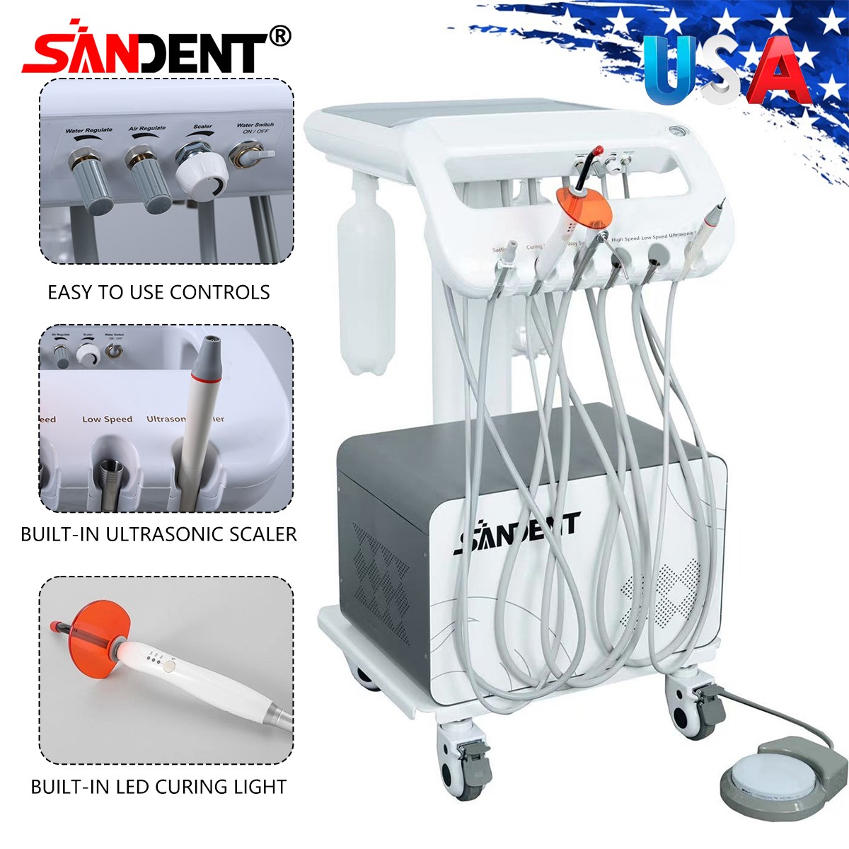 4-HOLE Dental Delivery Mobile Cart Unit Equipment w/compressor Scaler Light
