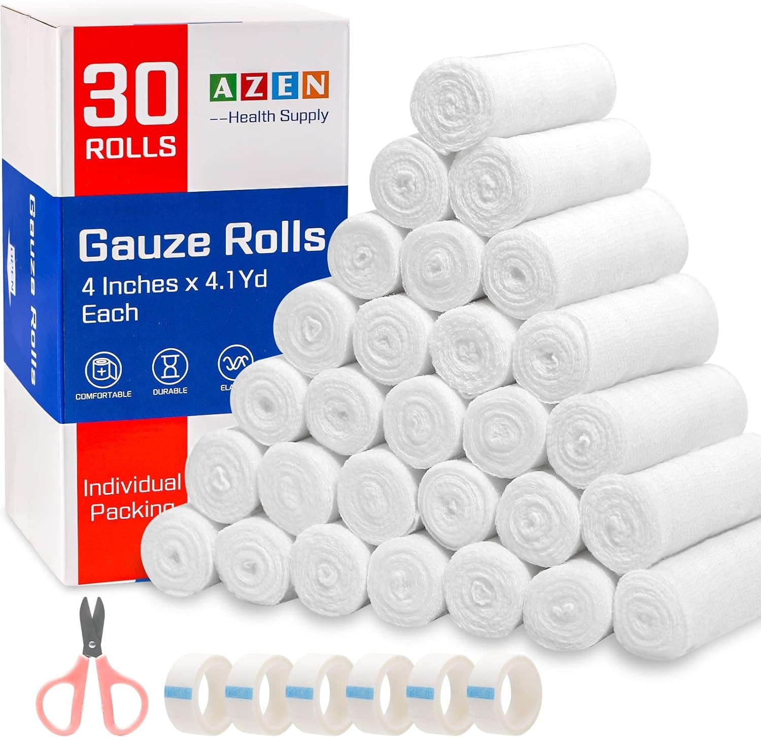 AZEN 30 Pack Gauze Rolls Bandages, 4 in x 4.1 Yards, Premium 4IN, C-30p