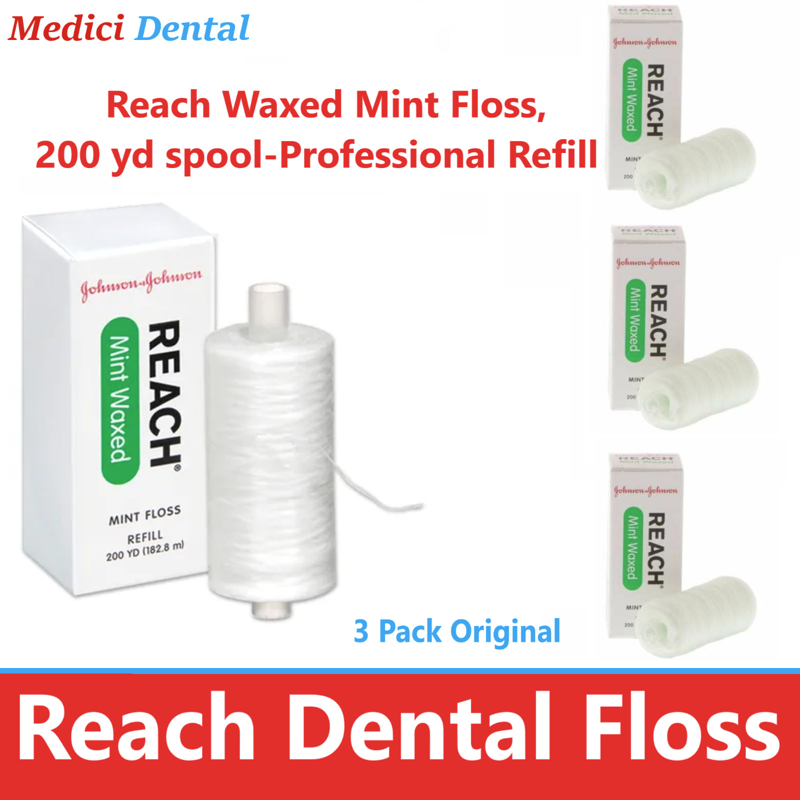 J&J Reach Waxed Mint Floss, 200 yd spool-Professional Refill (no dispenser) 3/Bx