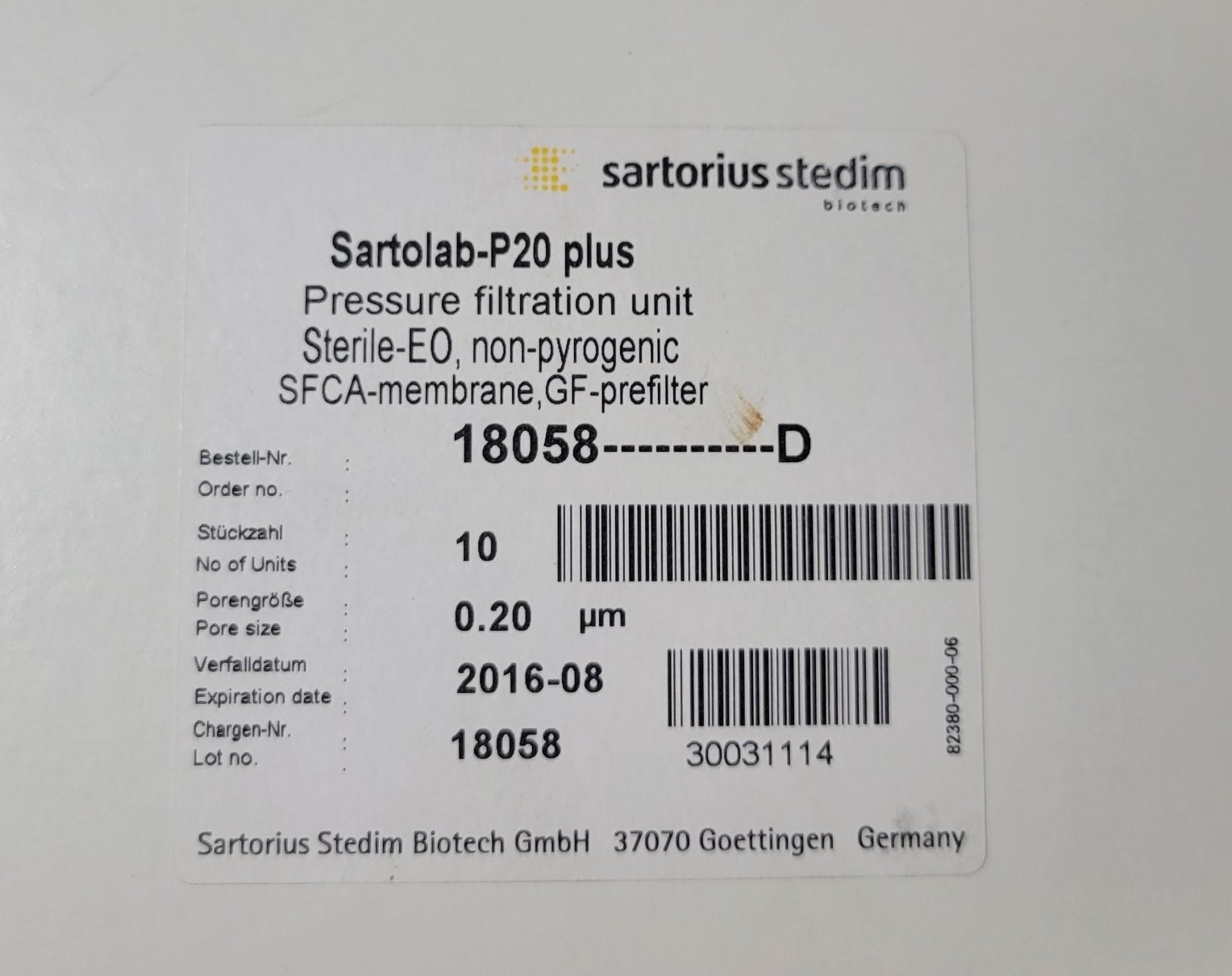 1 Box, 10 pcs Sartolab® P20 Plus Pressure Filter 0.2 µm Sartorius 18058…..D