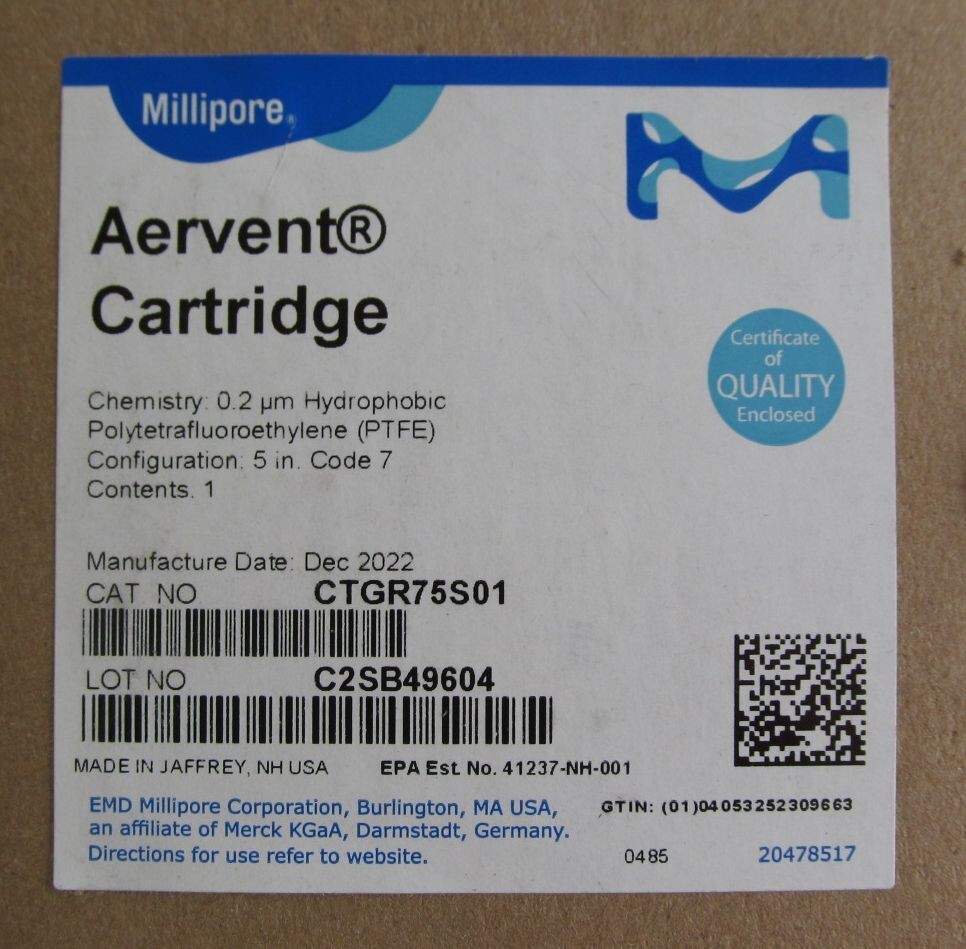 NEW MILLIPORE CTGR75S01 AERVENT CARTRIDGE FILTER STERILIZING GRADE 5in 0.2 µm