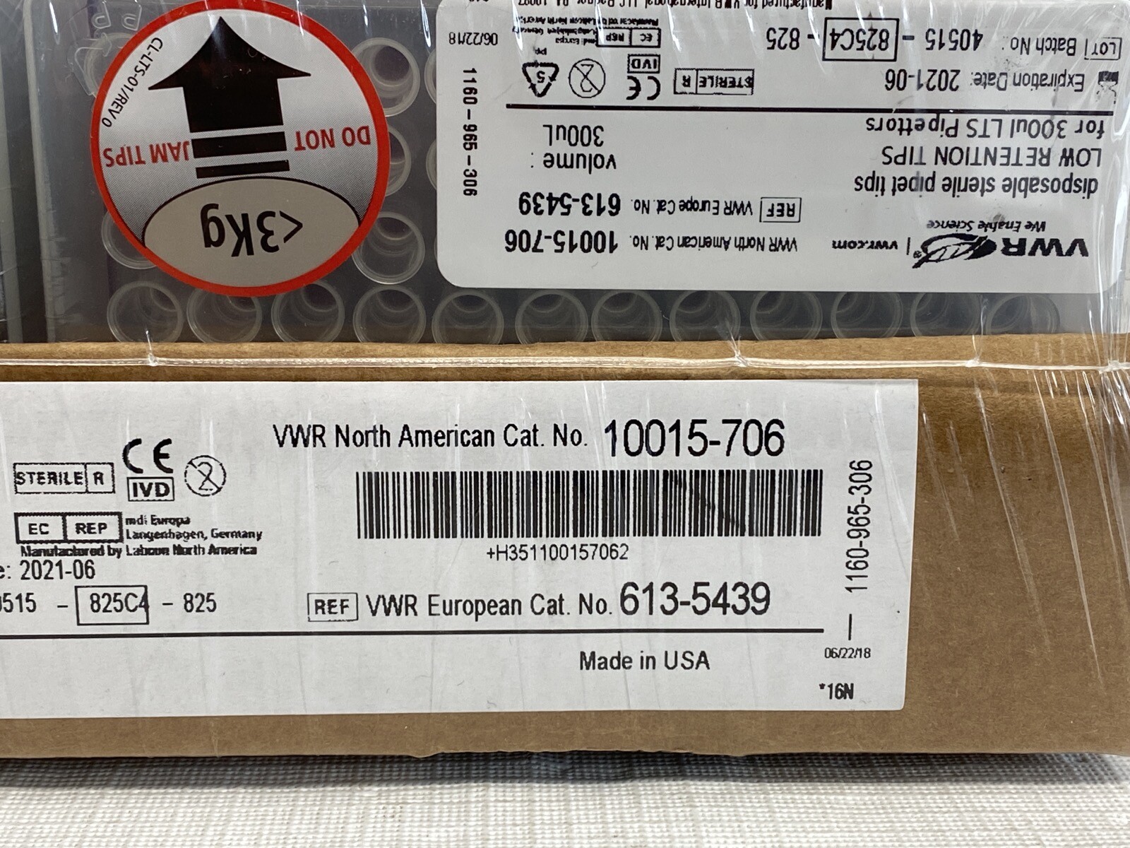 (960/Pk) VWR 300uL Low Retention Pipet Tips Hinged 10×96/Rk Tray 10015-706