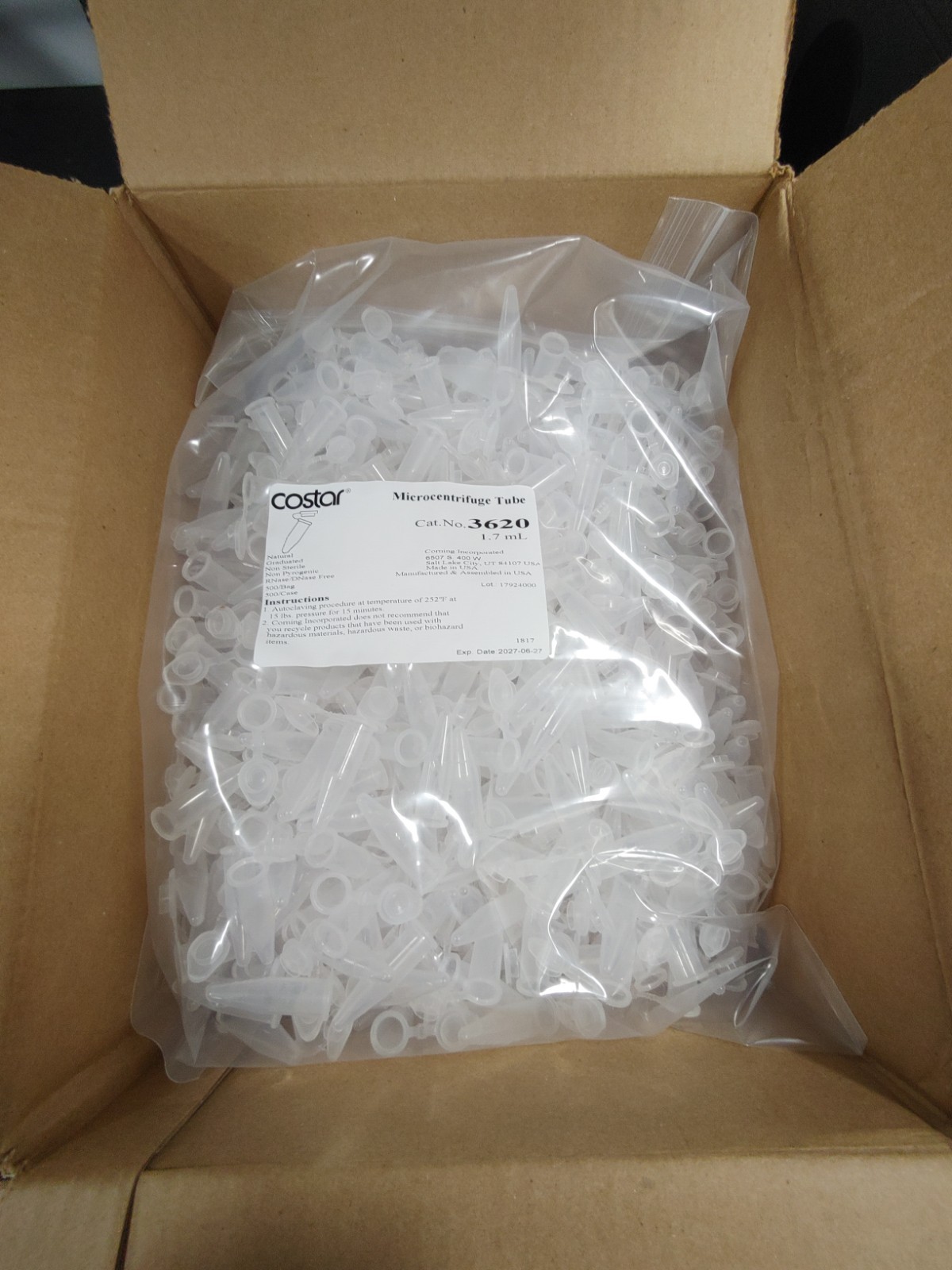 500 Box COSTAR 3620 1.7mL Snap Cap Microcentrifuge Tube Polypropylene Nonsterile