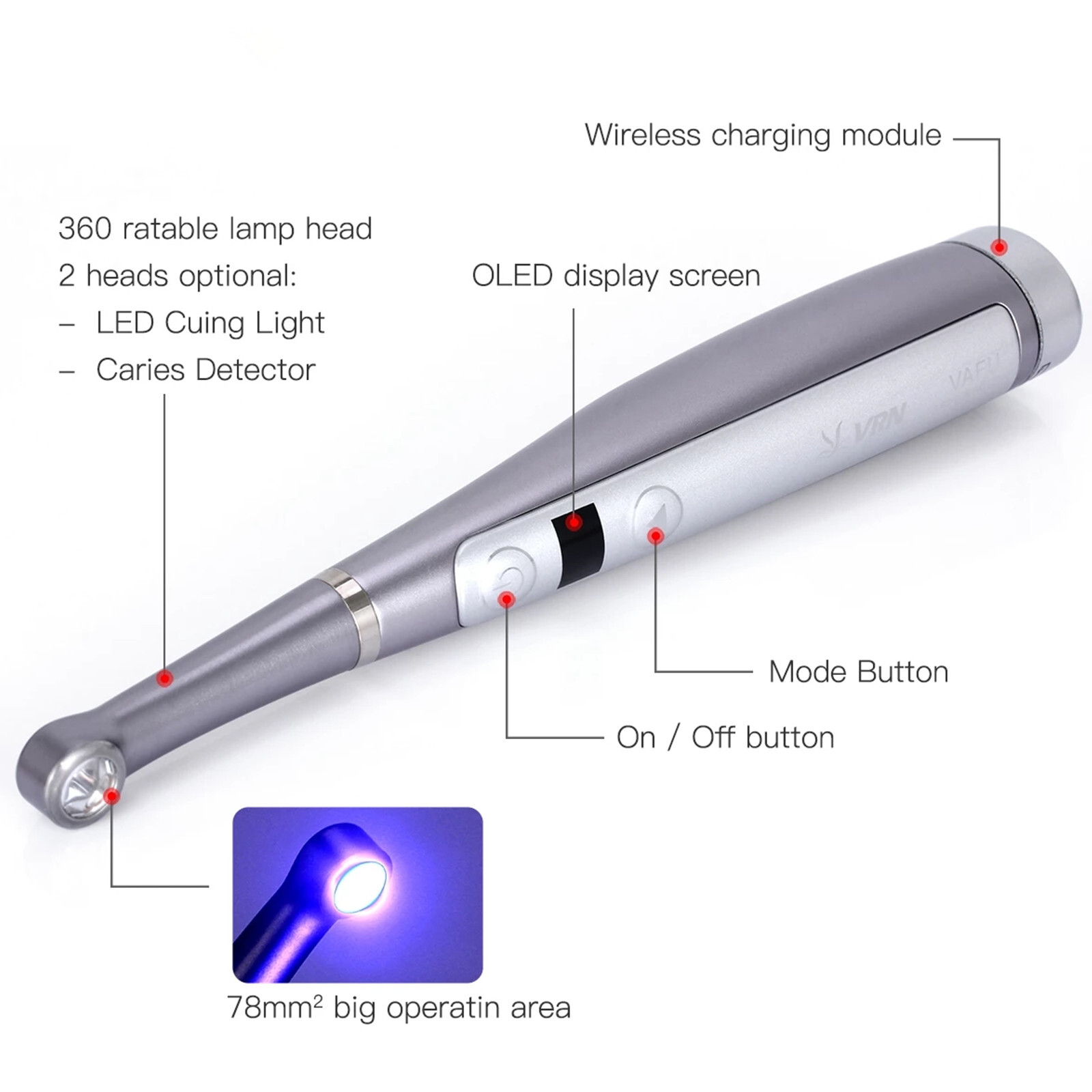 VRN-VAFU Dental LED Curing Light 420-480nm Resin Cure Lamp with Caries Detector