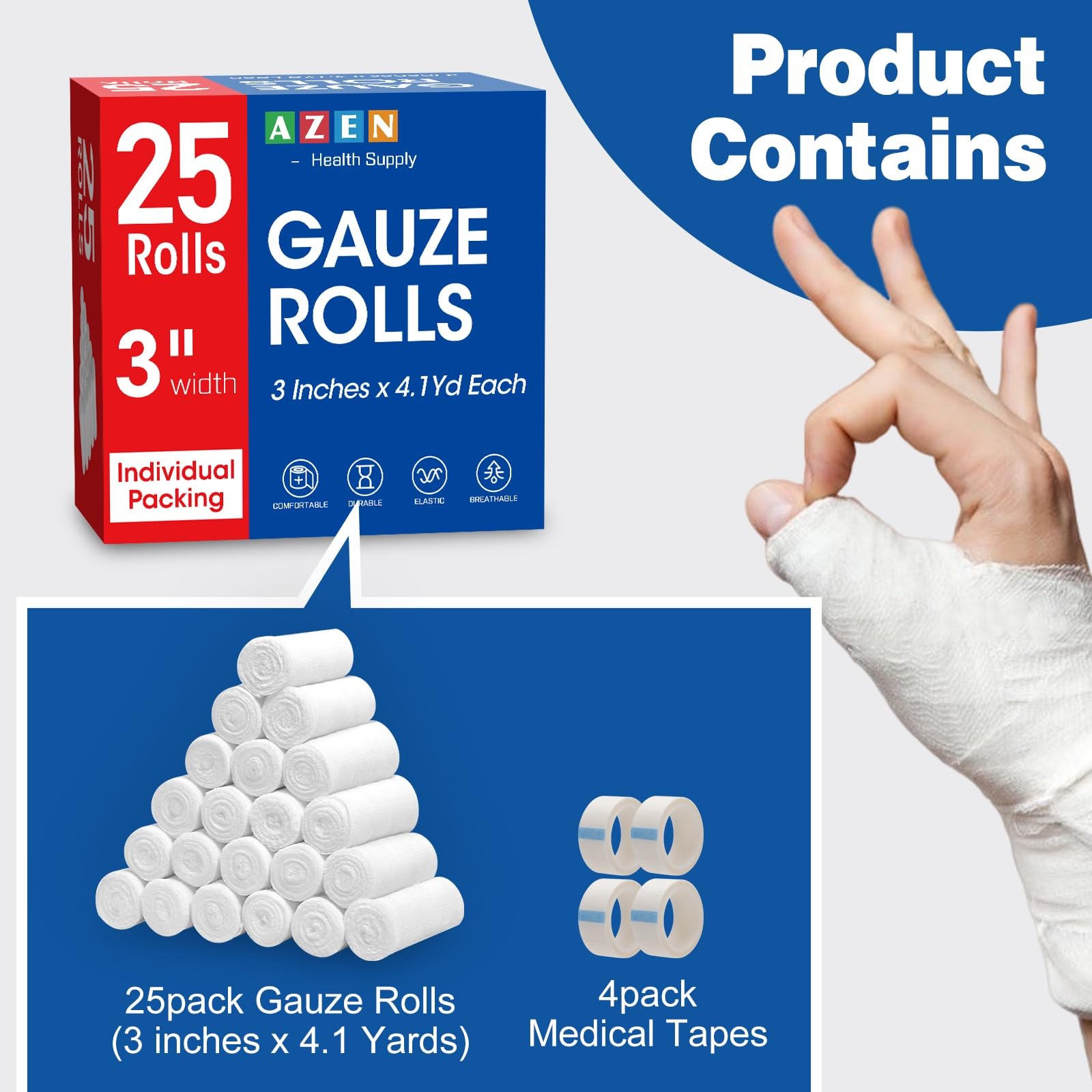 AZEN 25 Pack Gauze Rolls Bandages, 3 in x 4.1 Yards, Premium Medical 3IN, 25p