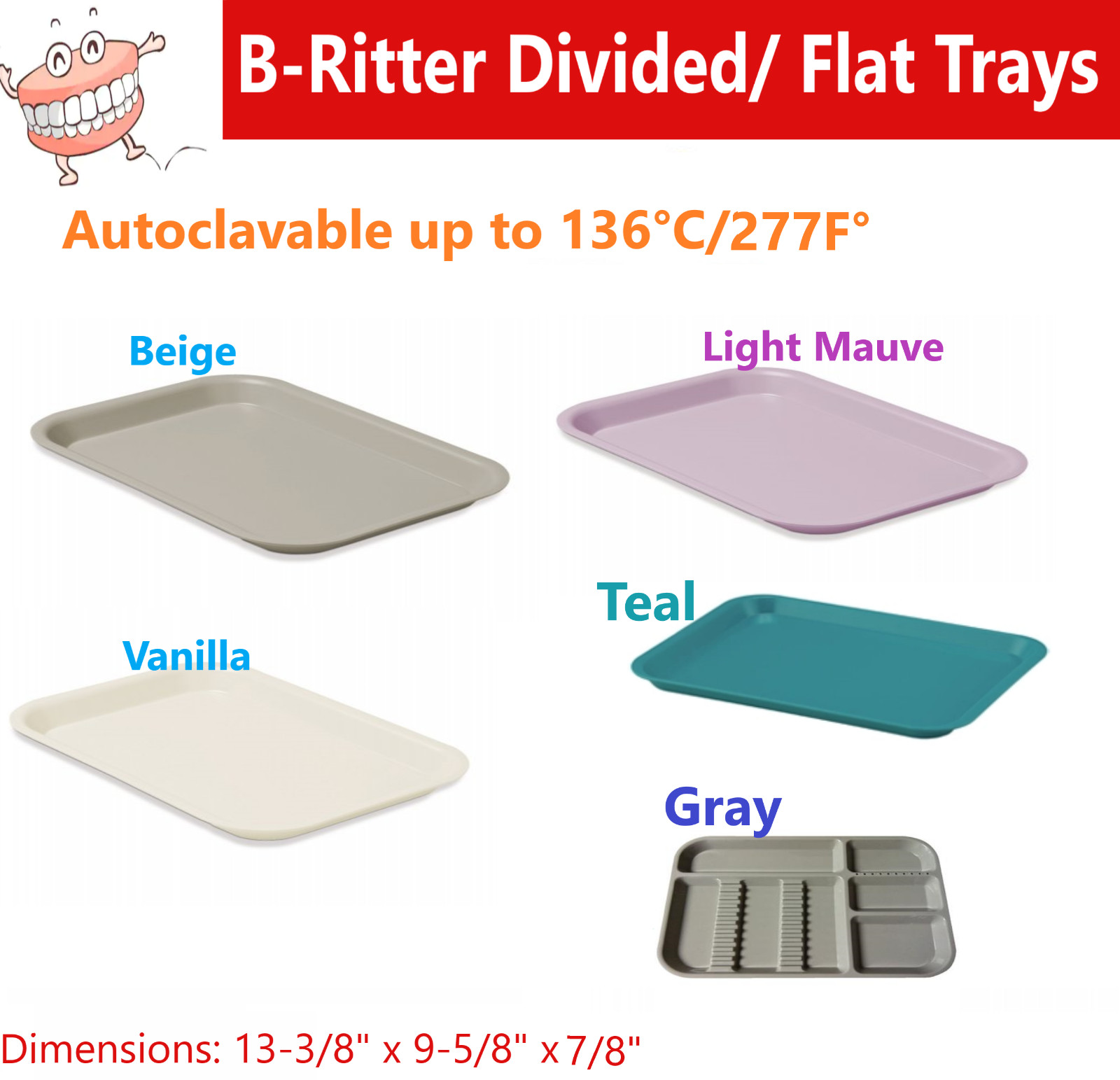DENTAL FLAT TRAY SIZE B (RITTER) Set Up DIVIDED or F MINI, Autoclavable to 275F