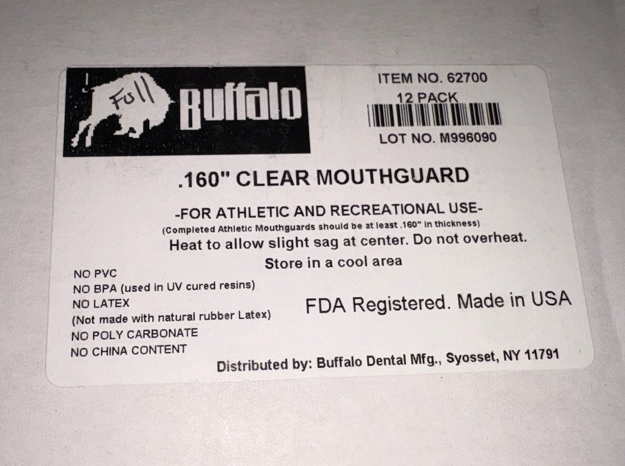 Buffalo Dental .160″ Clear EVA Mouthguard Material, 5″ x 5″, 12 sheets NOB