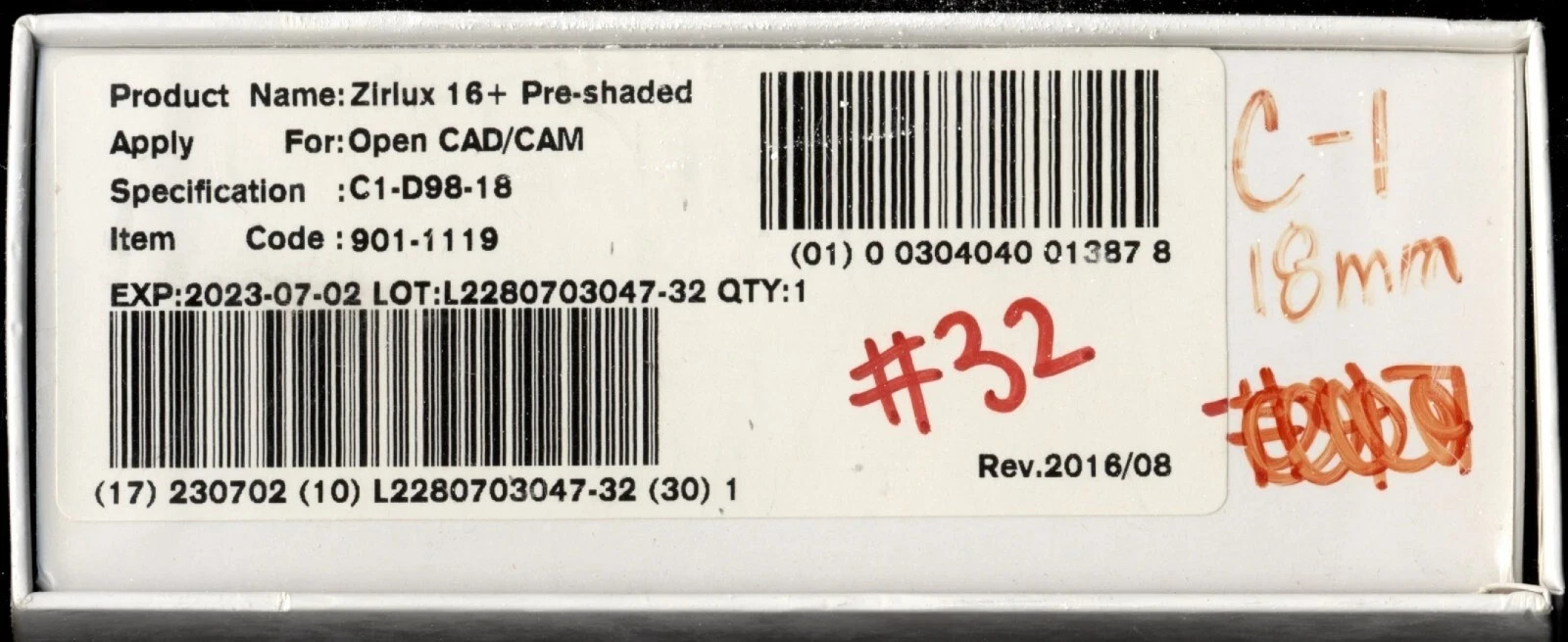 Used Zirlux 16+ White Zirconia Disc Blank 98×18 mm D98-18 Use by 2023-09-04