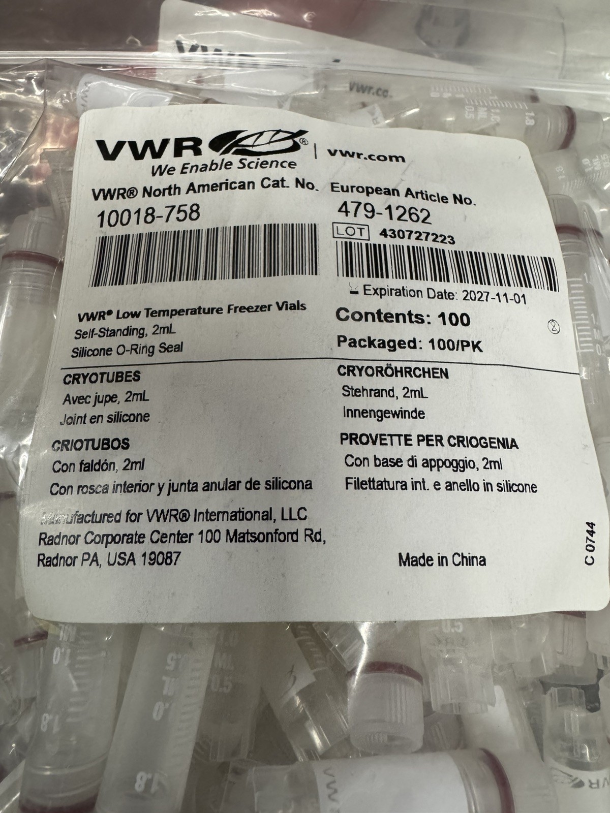 VWR 10018-758 2 mL Low Temperature Freezer Vials Self-Standing 100pk 11-2027