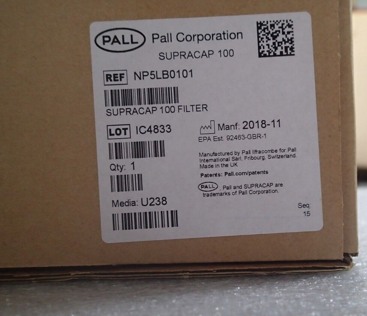 Pall NP5LB0101 Supracap 100 Capsule Depth Filter MFG 2018 NEW