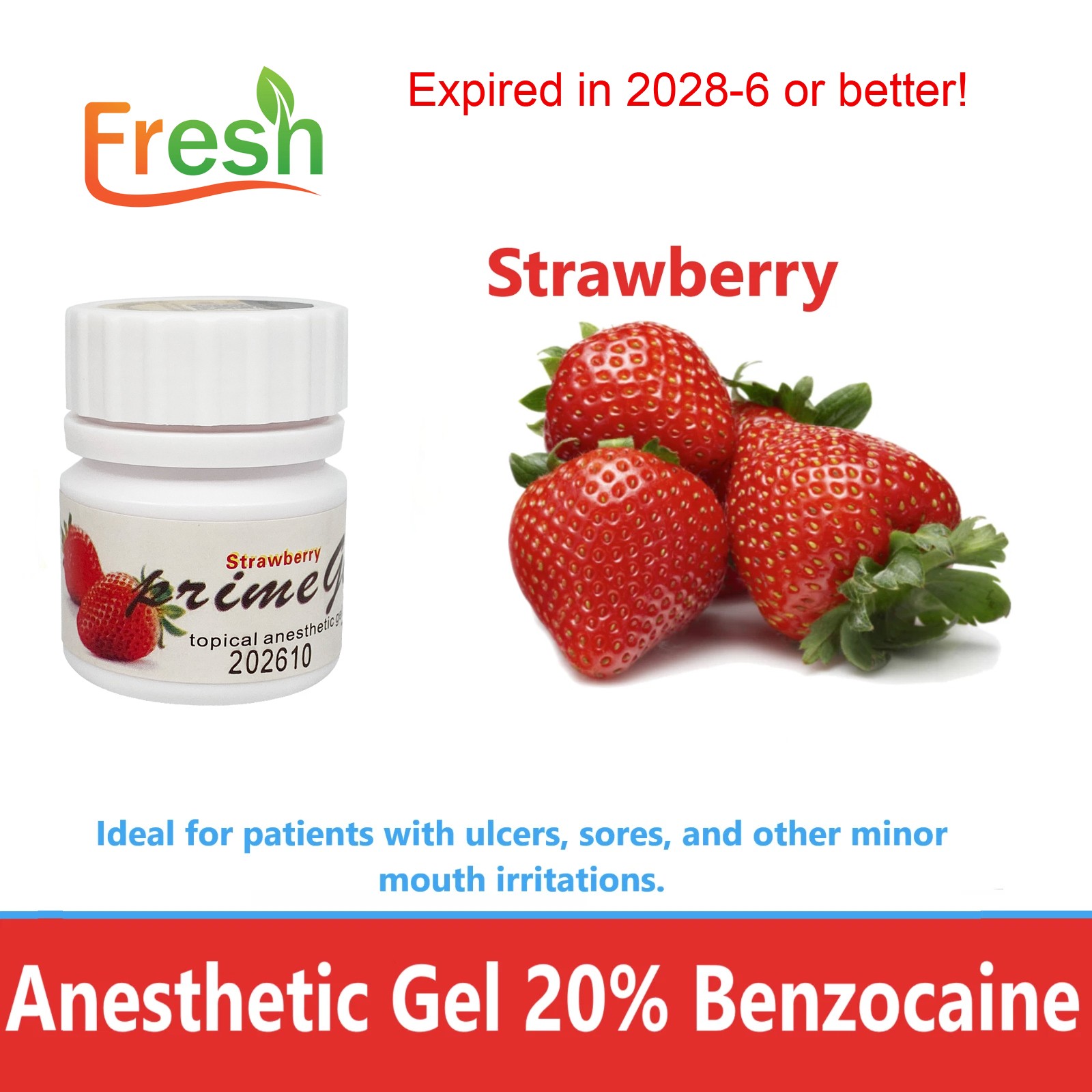 Fresh Dental Topical pain free Gel 20% Benzocaine 1oz Jar , Mint/Strawberry