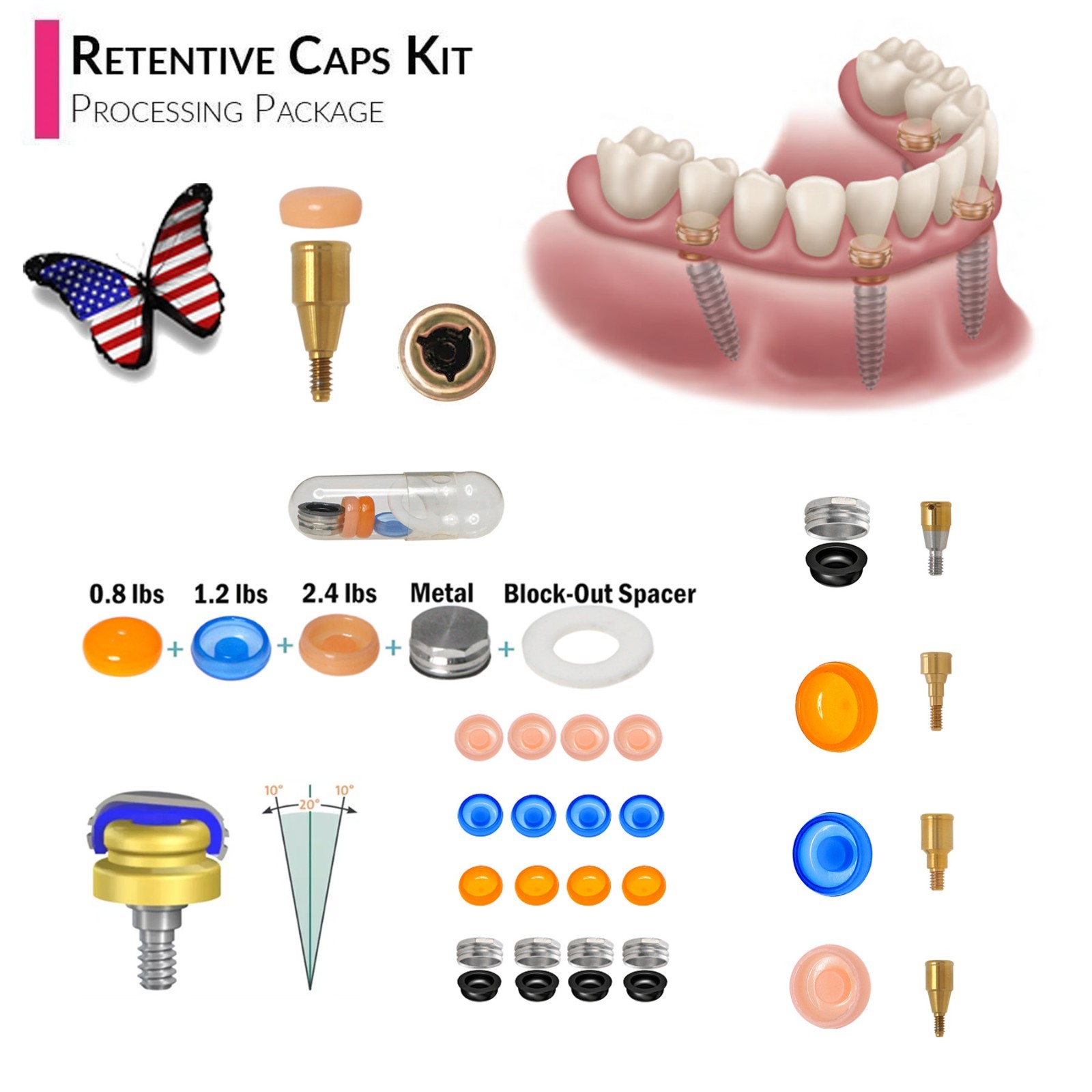 US Dental Locator Retention Caps Core Tool PEEK Male Insert Overdenture Abutment